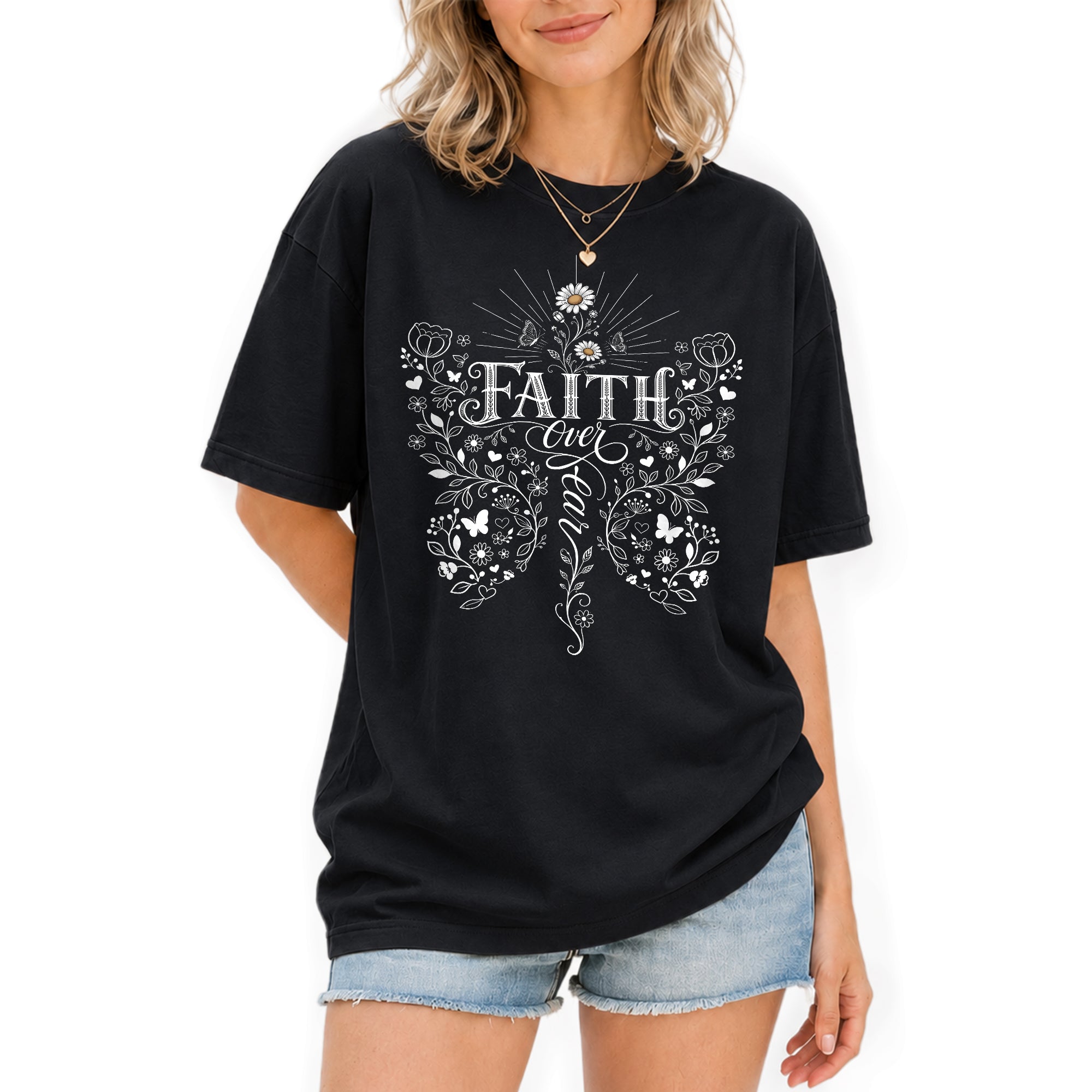 Faith Over Fear Butterfly Floral Christian Graphic Casual Crewneck Tee Shirt Women