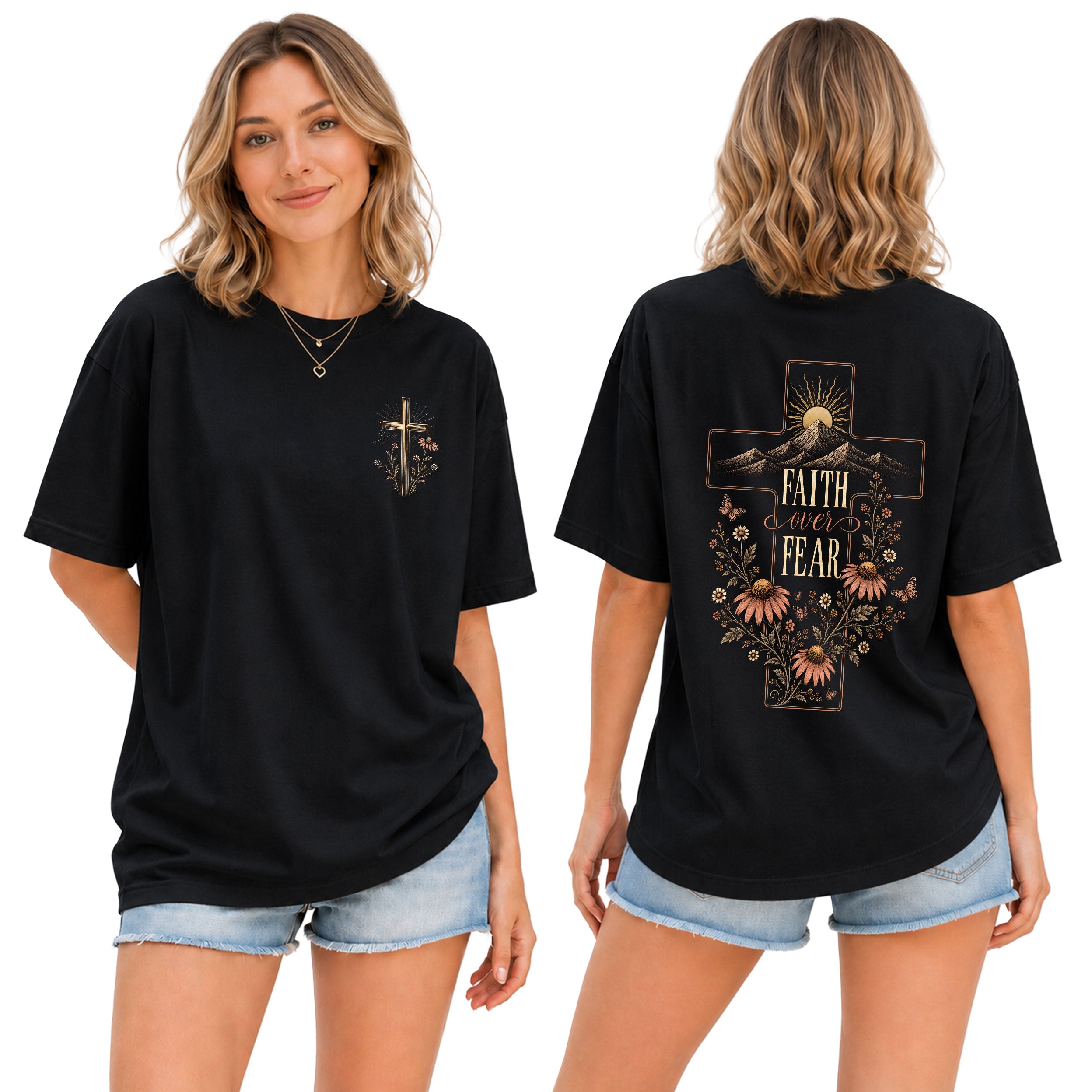 Faith Over Fear Mountain Cross Floral Christian Graphic Casual Crewneck Tee Women