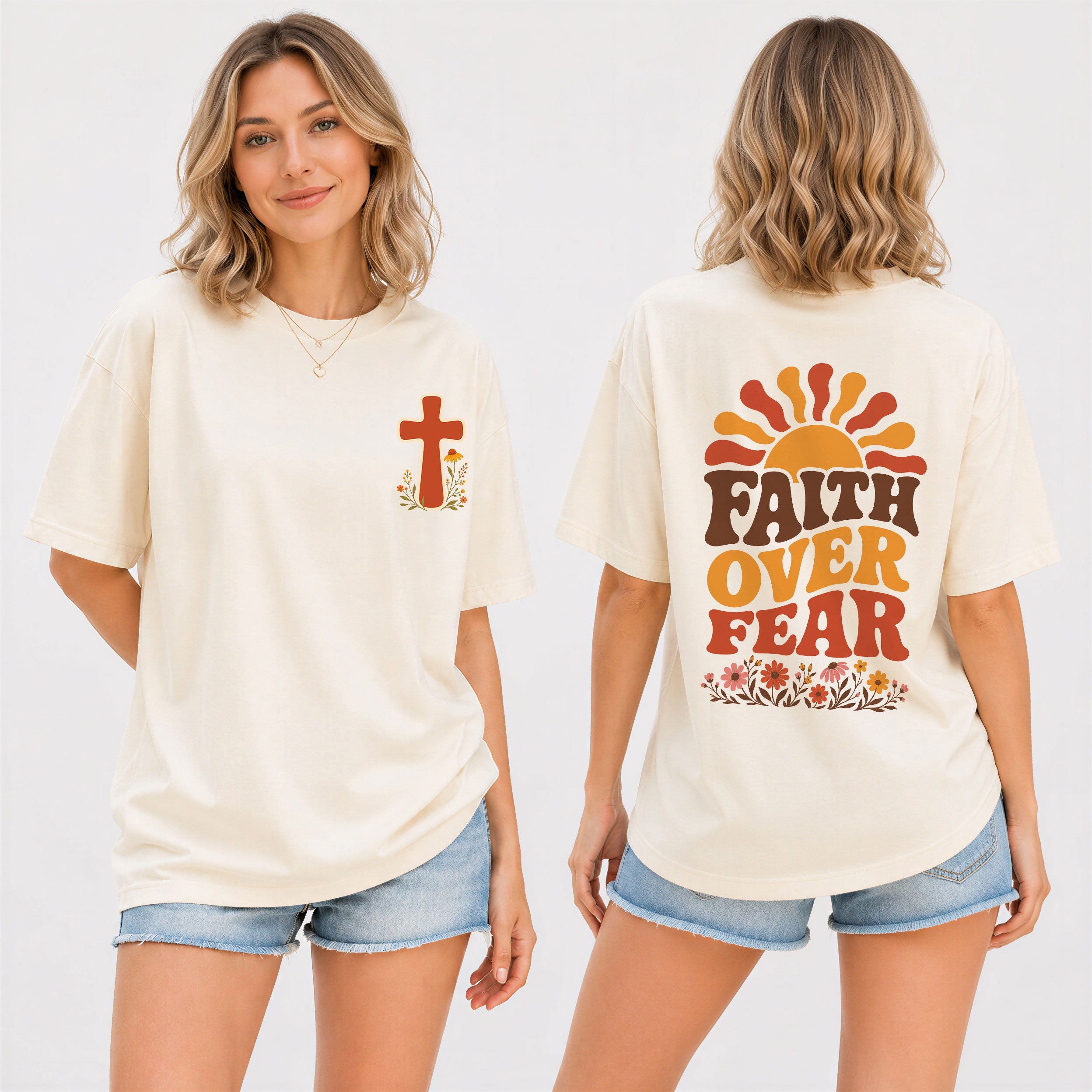 Faith Over Fear Retro Sun Floral Christian Graphic Casual Crewneck Tee Shirt Women