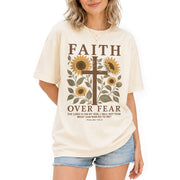 Faith Over Fear Shirt Christian Women Sunflower Cross Shirt Psalm 118 Bible Verse Floral Tee