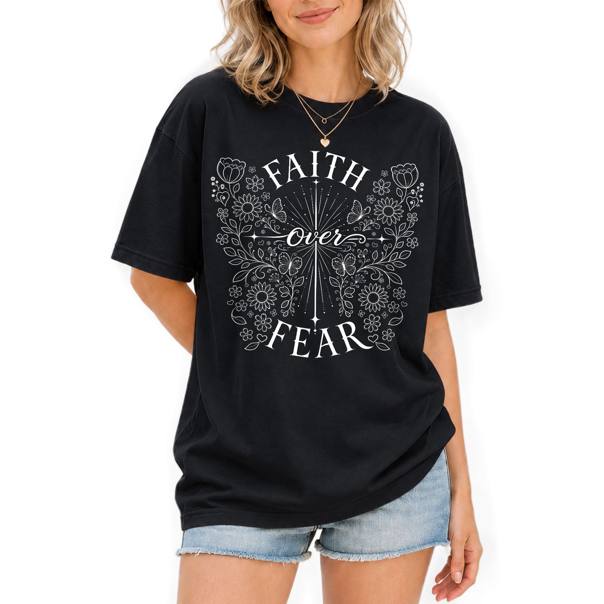 Faith Over Fear Shirt Christian Women Butterfly Floral Line Art Shirt Cross Jesus Graphic Tee