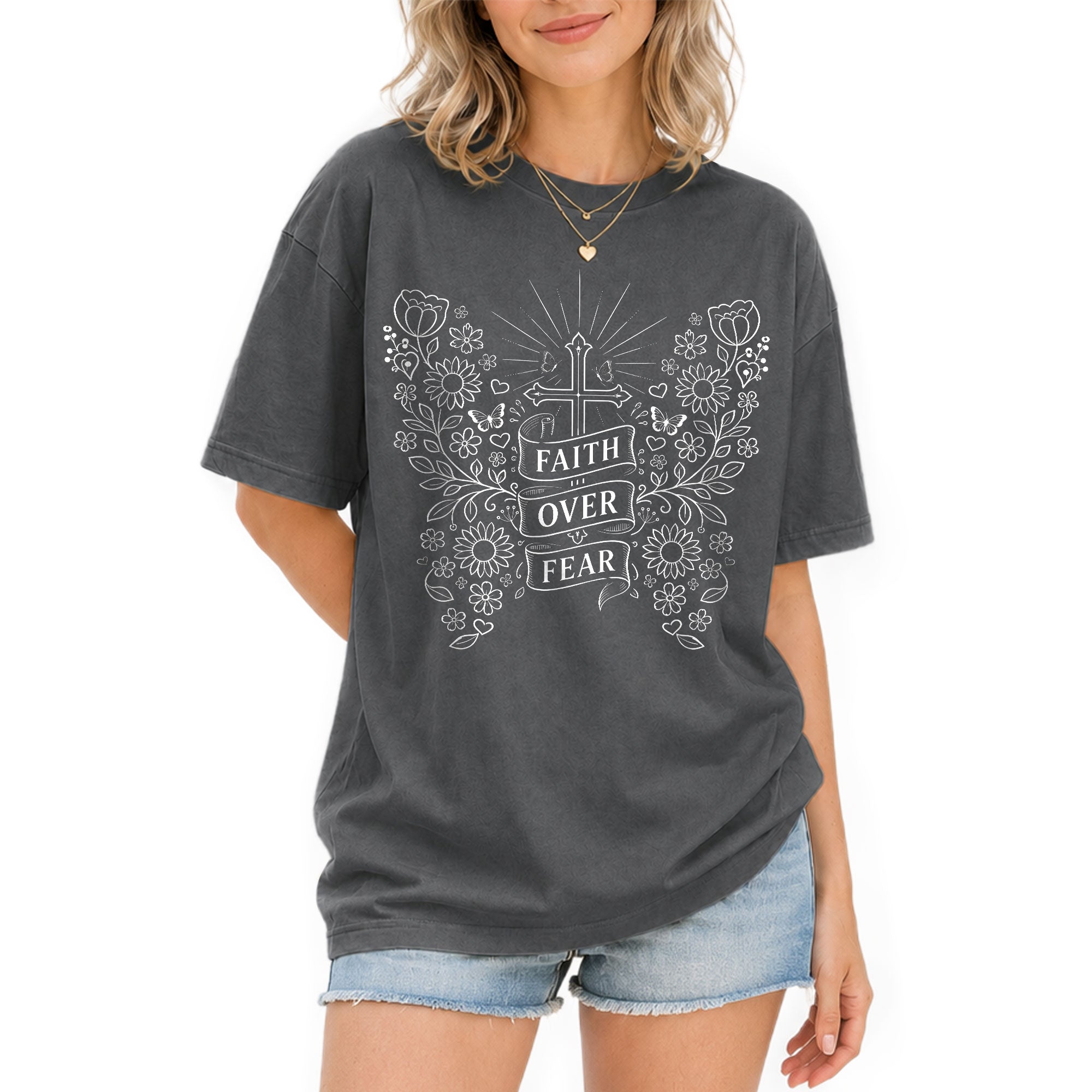 Faith Over Fear Shirt Christian Women Shirt Floral Butterfly Cross Aesthetic Jesus Tee