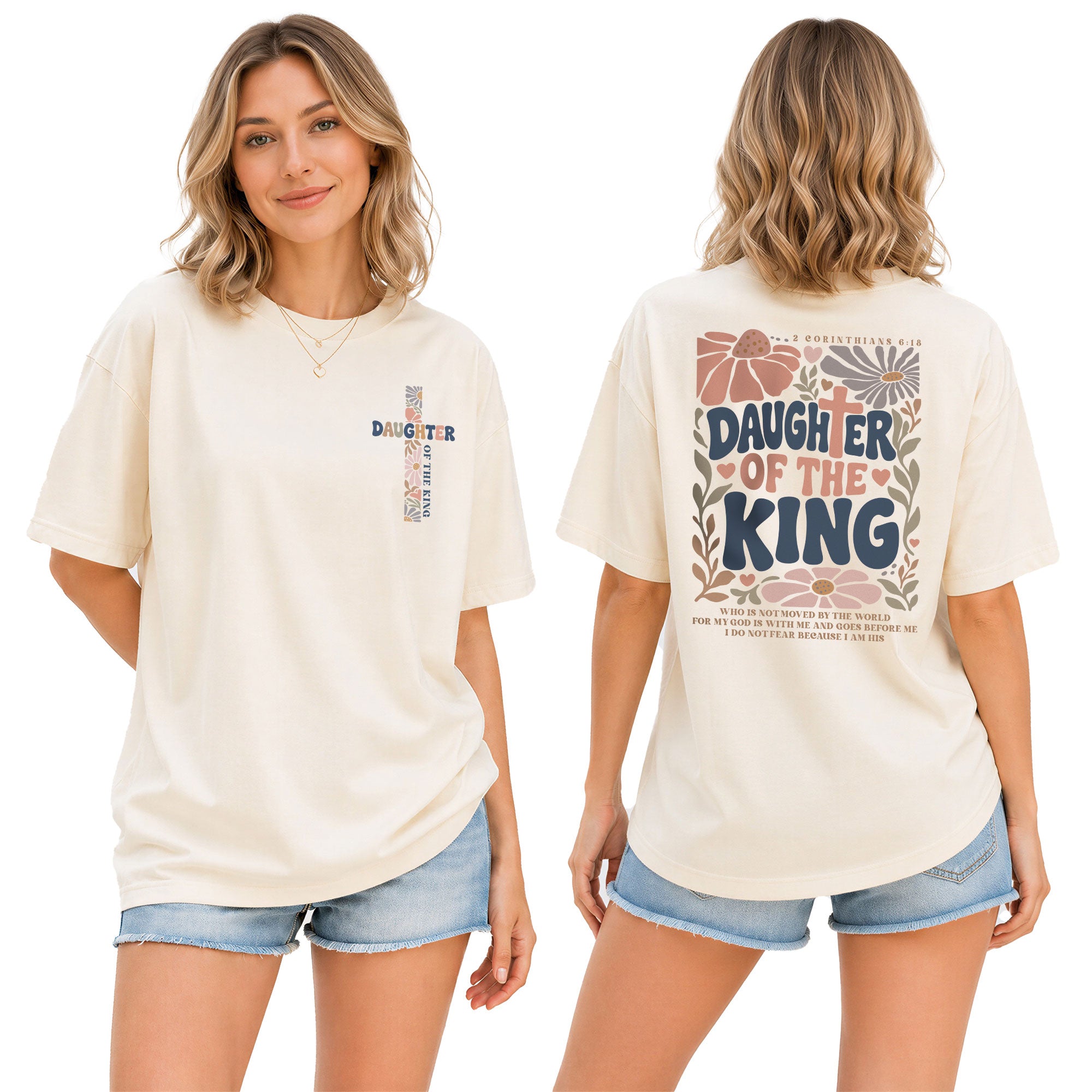 Daughter Of The King Retro Floral Cross Christian Graphic Everyday Tee Shirt Women