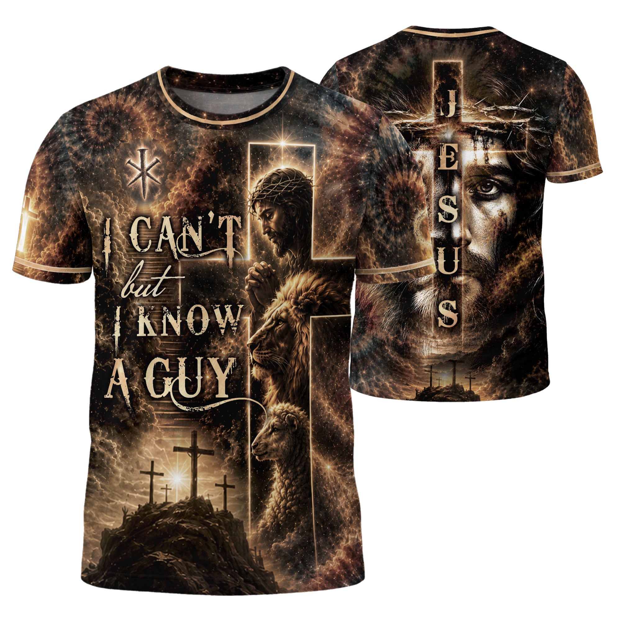 I Cant But I Know A Guy Jesus Lamb Lion Cross Christian 3D Graphic Crewneck Shirt Men