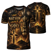 One Nation Under God T Shirt 3D Christian Lion Helmet Armor Cross Patriotic Shirt