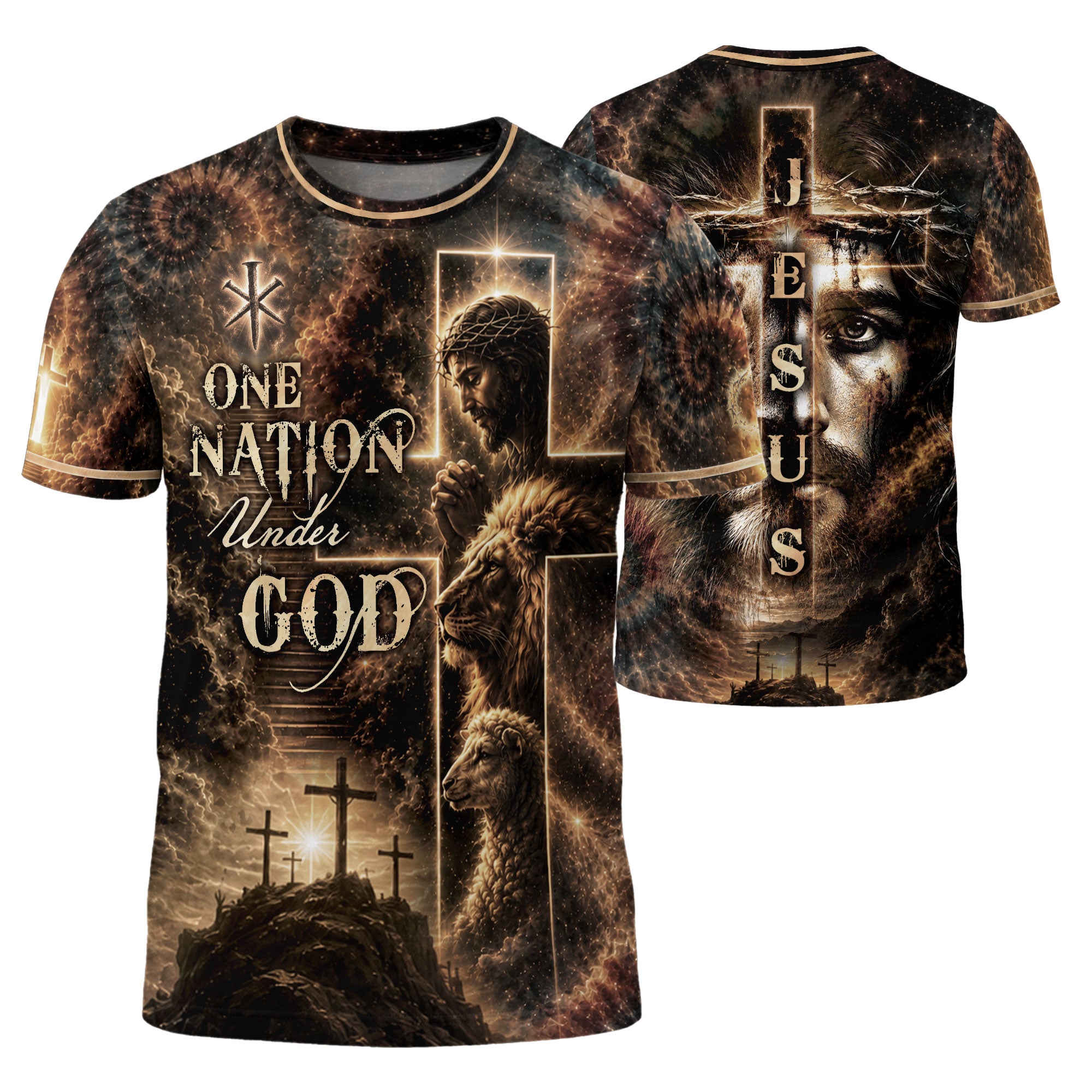 One Nation Under God T Shirt 3D Christian Praying Jesus Lion Lamb Cross Graphic Tee
