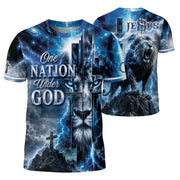 One Nation Under God T Shirt 3D Christian Blue Lion Cross Graphic Lightning Tee