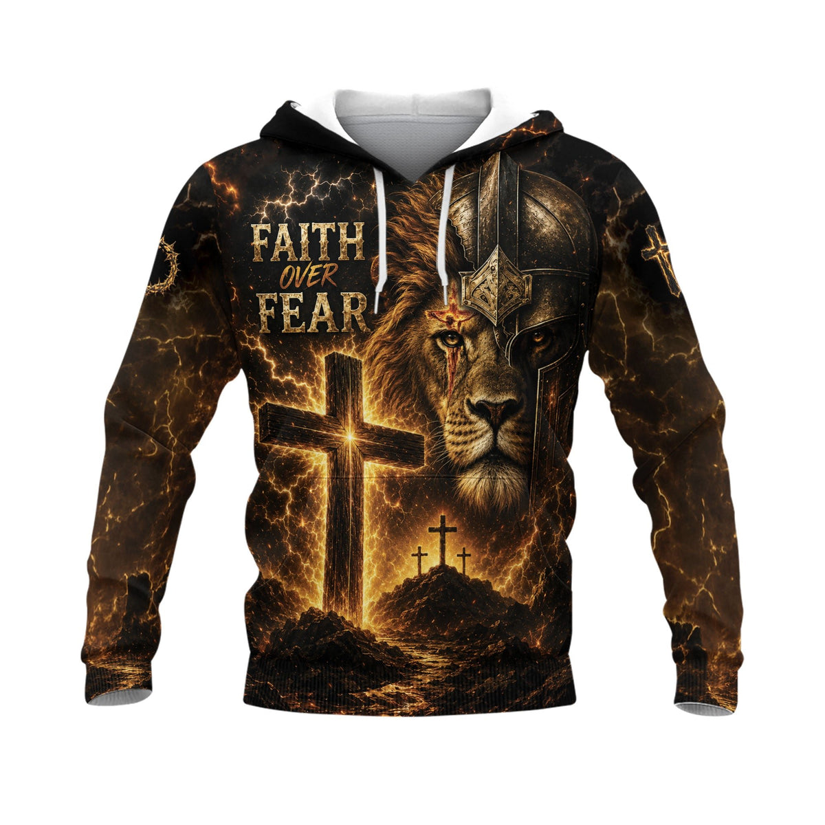 Faith Over Fear 3D Hoodie Lion Christian Cross Warrior Helmet Pullover - Rust Field Wear