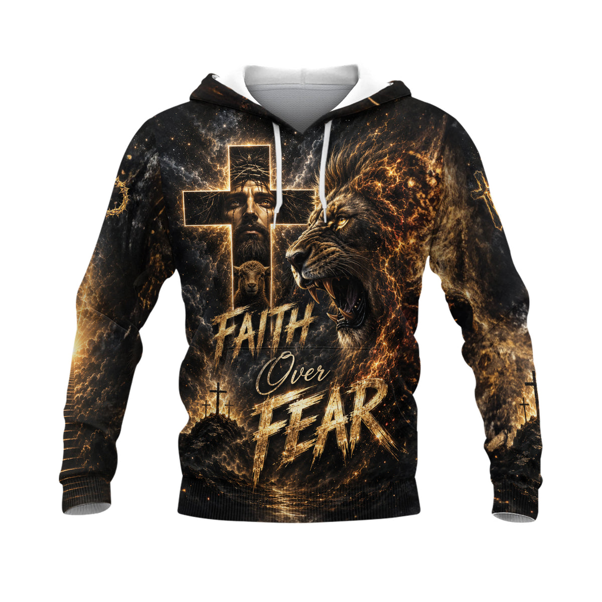 Faith Over Fear 3D Hoodie Jesus Lion Christian Cross Lamb Graphic Pullover - Rust Field Wear