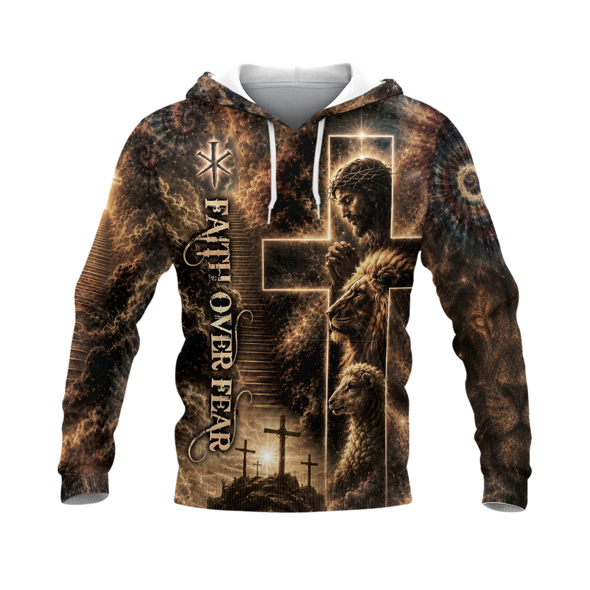 Faith Over Fear Hoodie 3D Jesus Christian Lion Cross Graphic Apparel Gift - Rust Field Wear