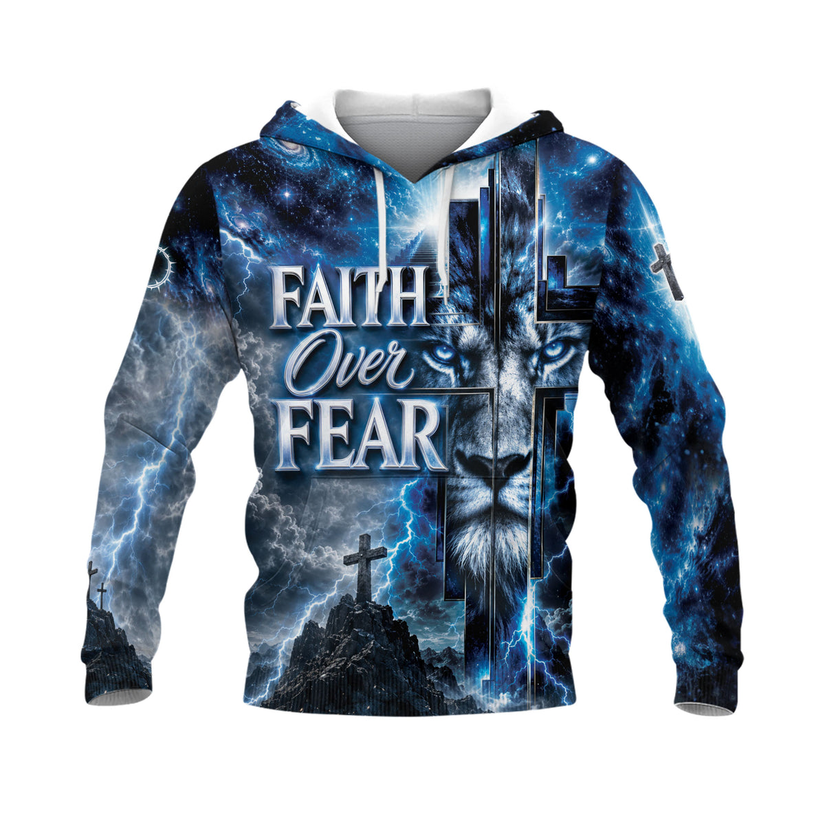 Faith Over Fear 3D Hoodie Christian Lion Cross Storm Lightning Clothes - Rust Field Wear