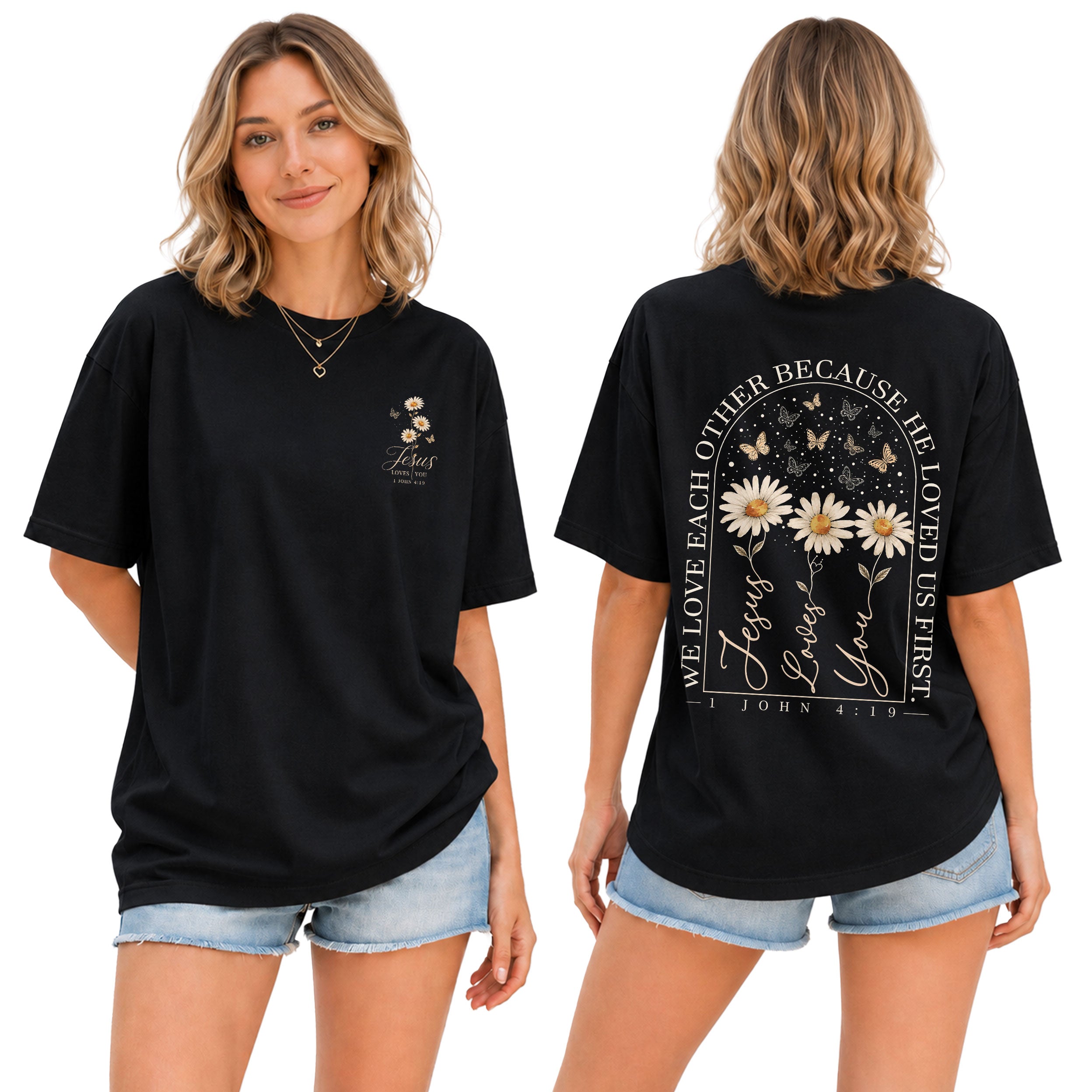 Jesus Loves You Daisy Butterfly Floral Christian Graphic Casual Basic Tee Shirt Women