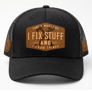 Black I Fix Stuff And I Know Things Hexagon Laser Engraved Leather Patch Trucker Hat - Rust Field Wear