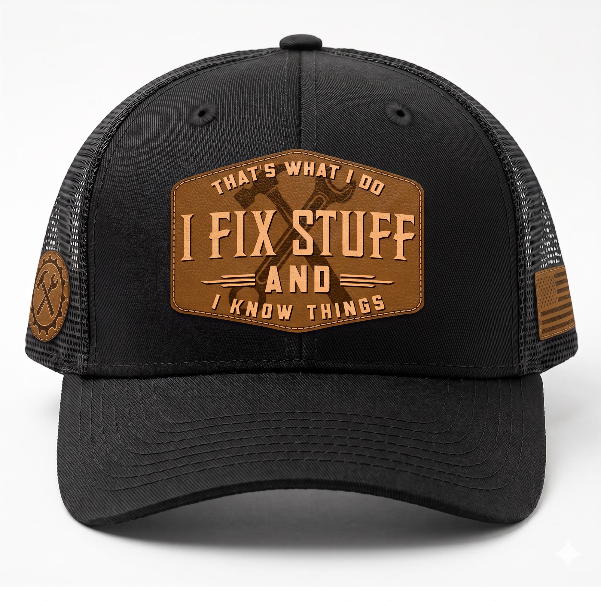 Black I Fix Stuff And I Know Things Hexagon Laser Engraved Leather Patch Trucker Hat - Rust Field Wear
