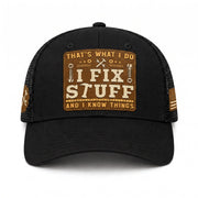 Black I Fix Stuff And I Know Things Square Laser Engraved Leather Patch Trucker Hat - Rust Field Wear