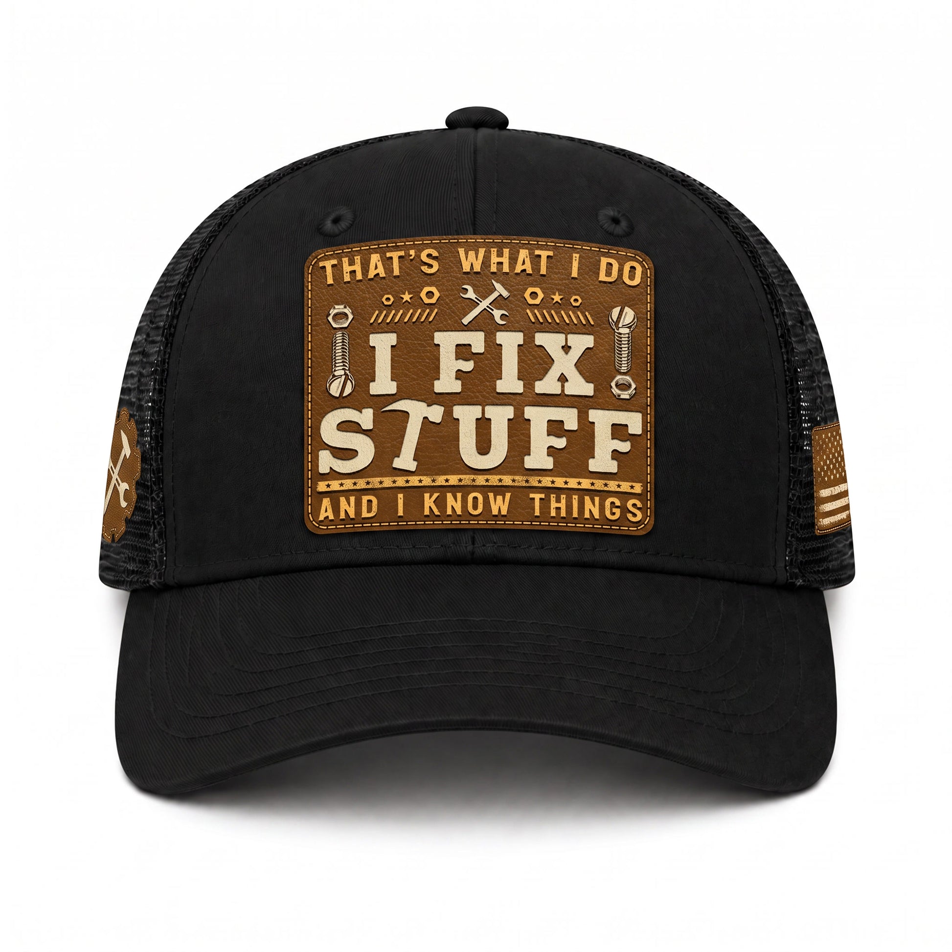 Black I Fix Stuff And I Know Things Square Laser Engraved Leather Patch Trucker Hat - Rust Field Wear