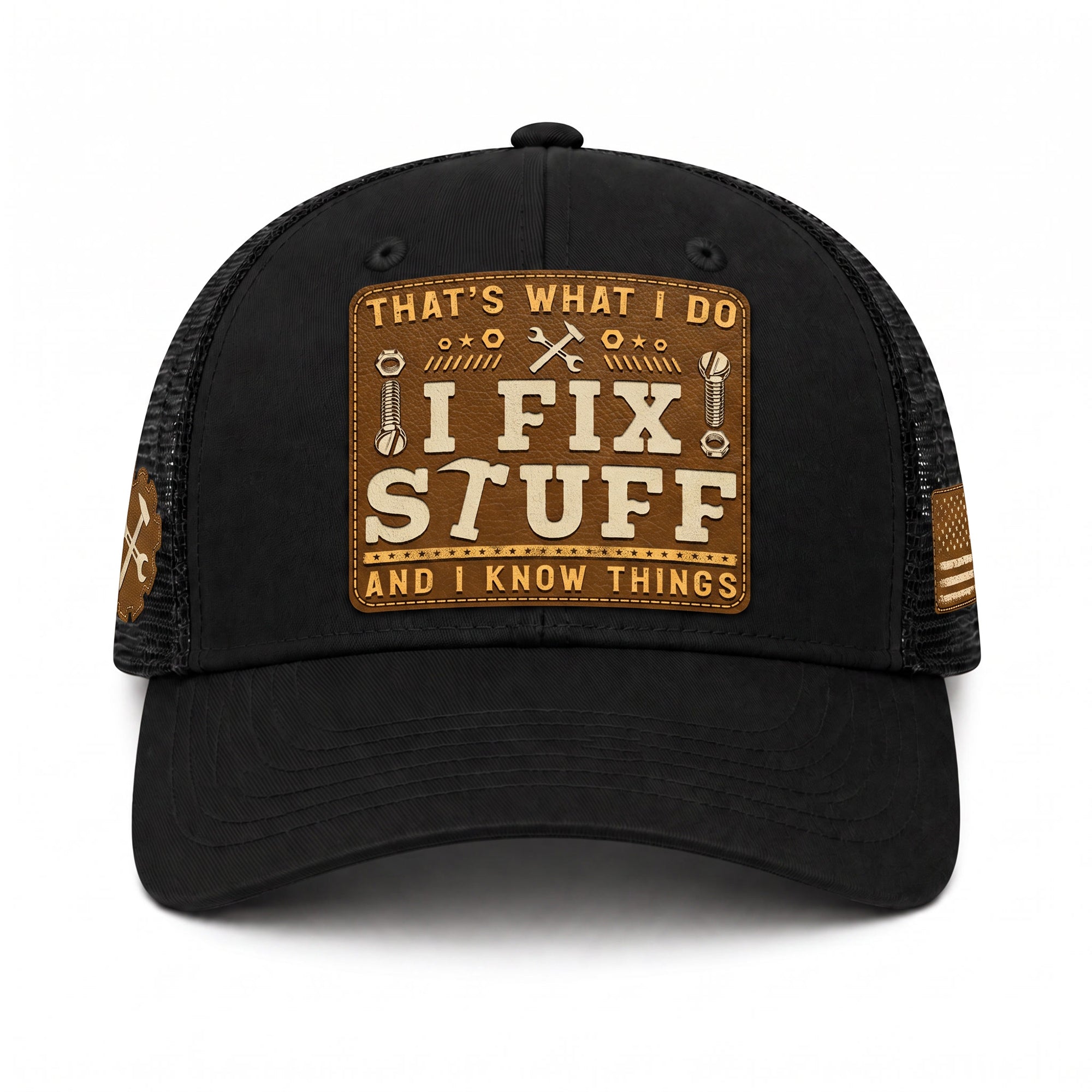 Black I Fix Stuff And I Know Things Square Laser Engraved Leather Patch Trucker Hat - Rust Field Wear