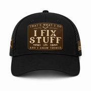 Black I Fix Stuff And I Know Things Saw Laser Engraved Leather Patch Trucker Hat - Rust Field Wear