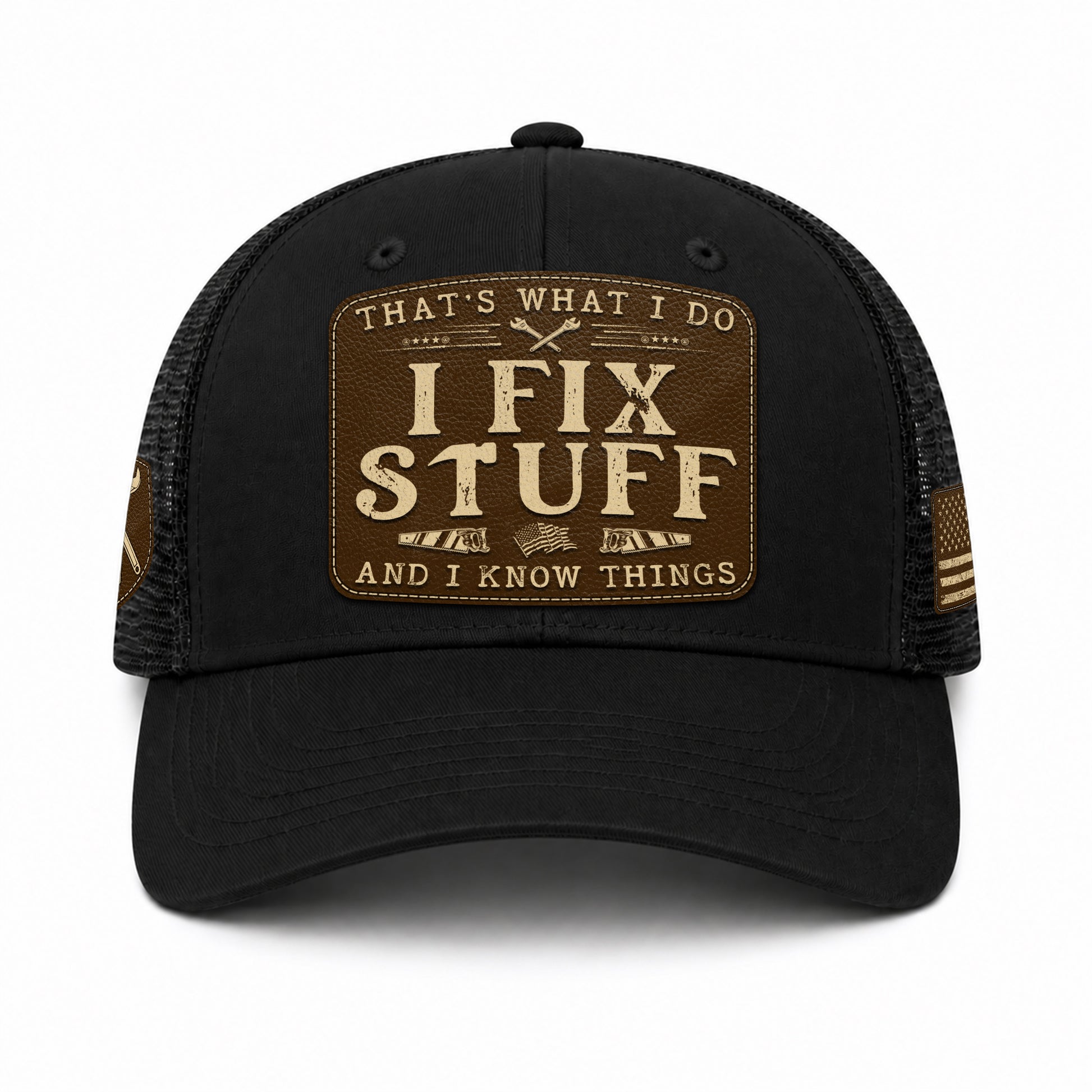 Black I Fix Stuff And I Know Things Saw Laser Engraved Leather Patch Trucker Hat - Rust Field Wear