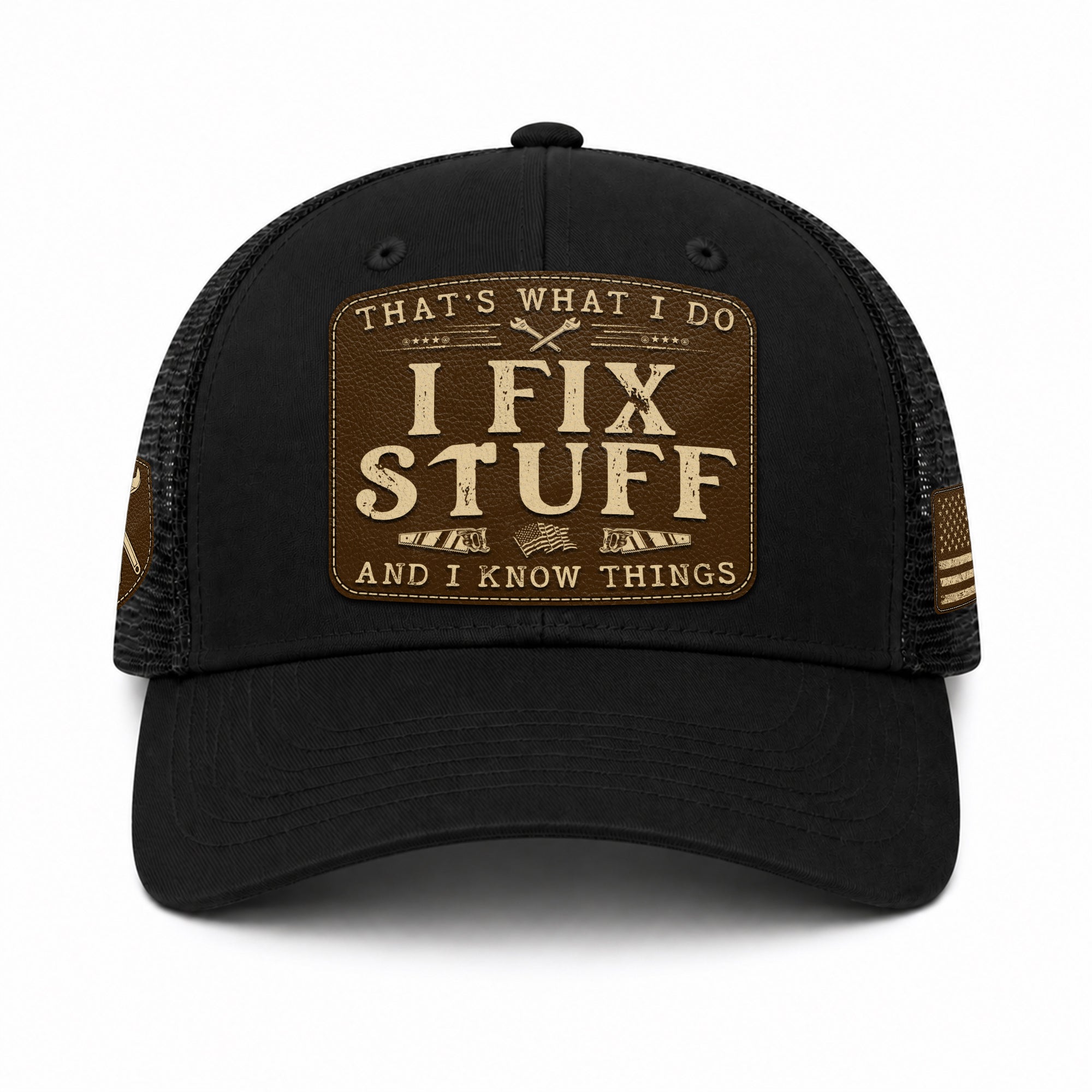 Black I Fix Stuff And I Know Things Saw Laser Engraved Leather Patch Trucker Hat - Rust Field Wear
