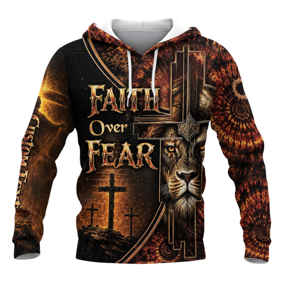 Custom Name Faith Over Fear 3D Hoodie Lion Christian Cross Warrior Helmet Gift - Rust Field Wear