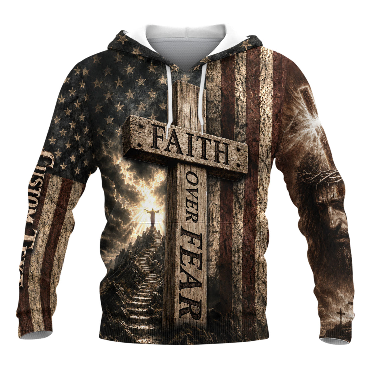 Custom Text Faith Over Fear 3D Hoodie Lion Christian Cross Heaven Gift - Rust Field Wear