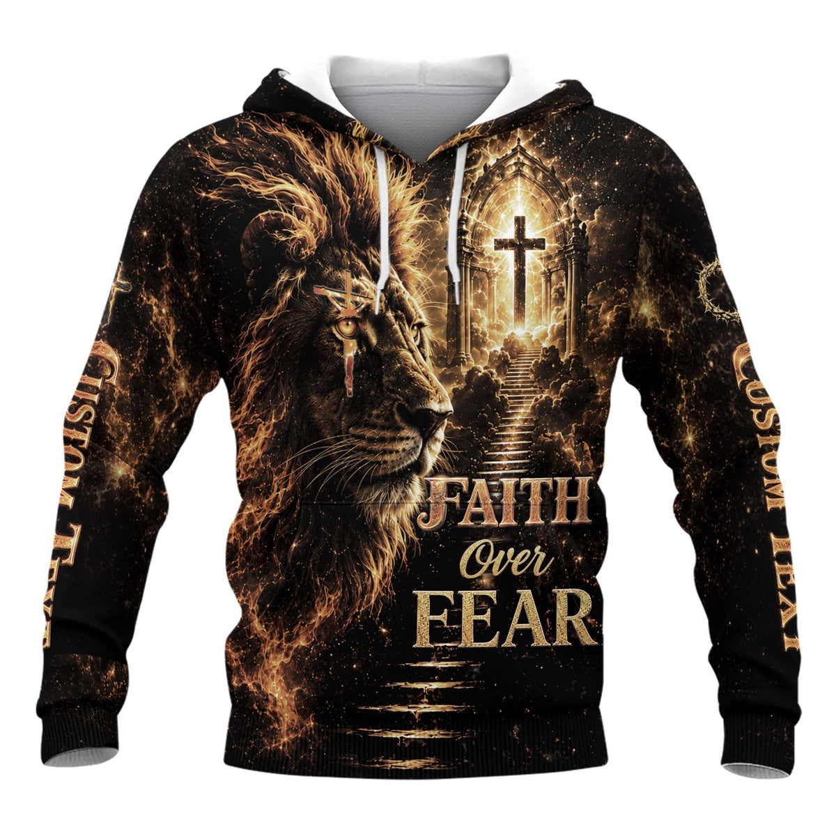 Personalized Faith Over Fear 3D Hoodie Custom Lion Cross Heavenly Apparel - Rust Field Wear