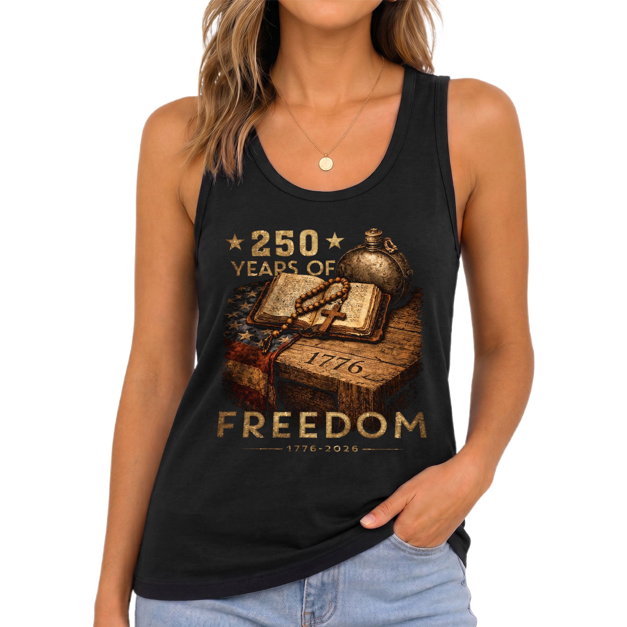250 Years of Freedom Tank Top Women 1776-2026 Vintage Faith Patriotic US Shirt