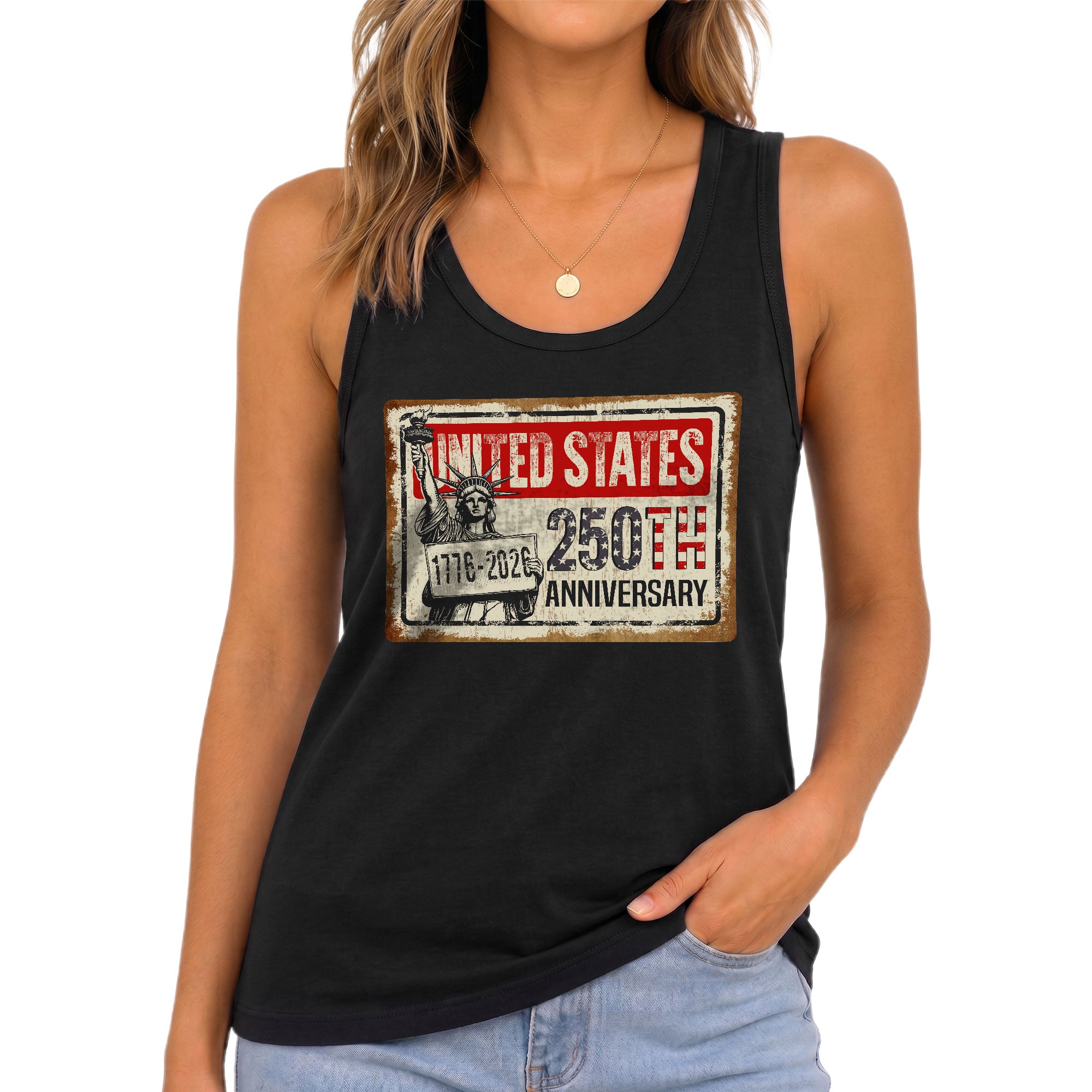 United States 250th Anniversary Tank Top Women Vintage Liberty Sign Patriotic Shirt