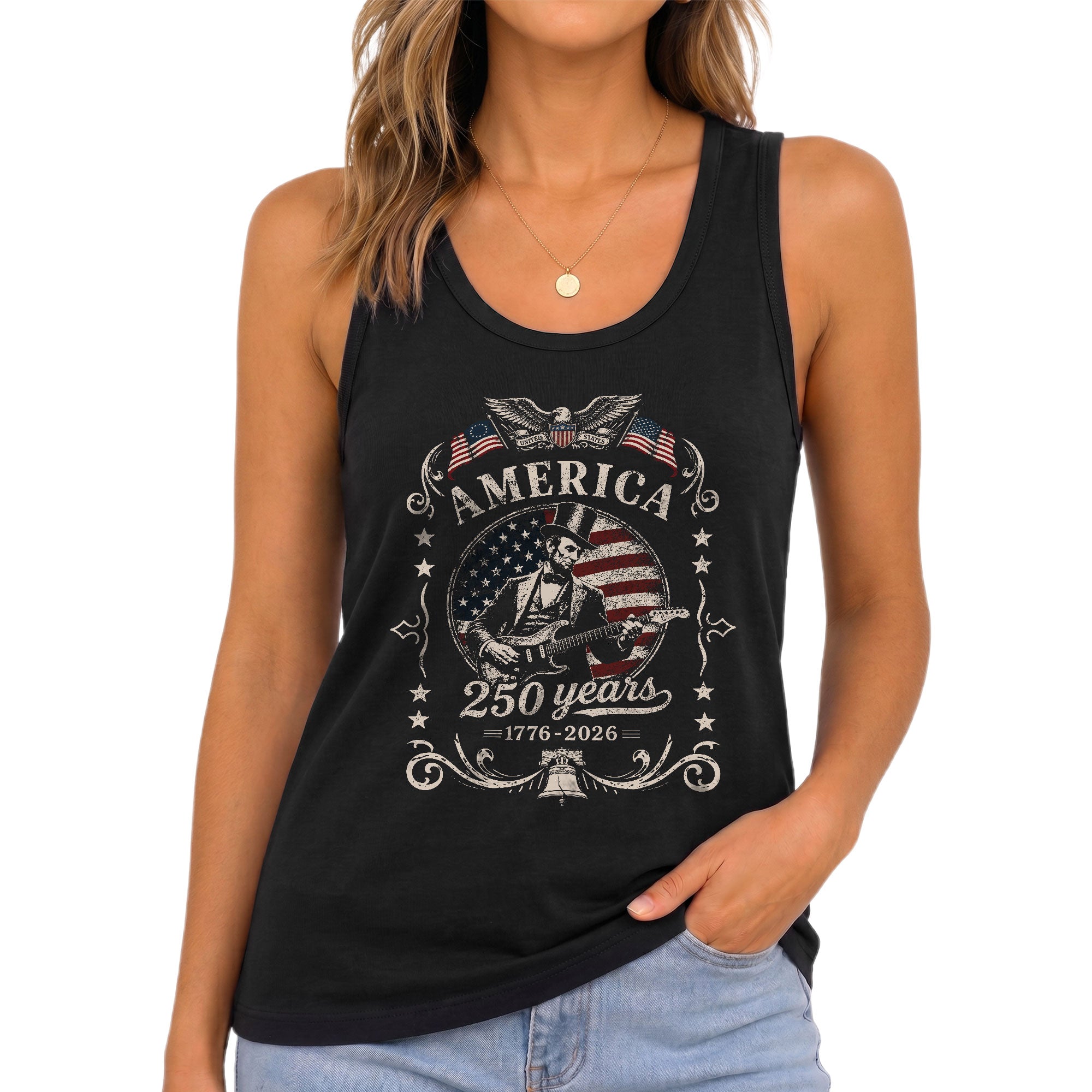 Women Tank Top America 250 Years Patriotic 1776-2026 Abraham Lincoln Guitar Graphic Tee