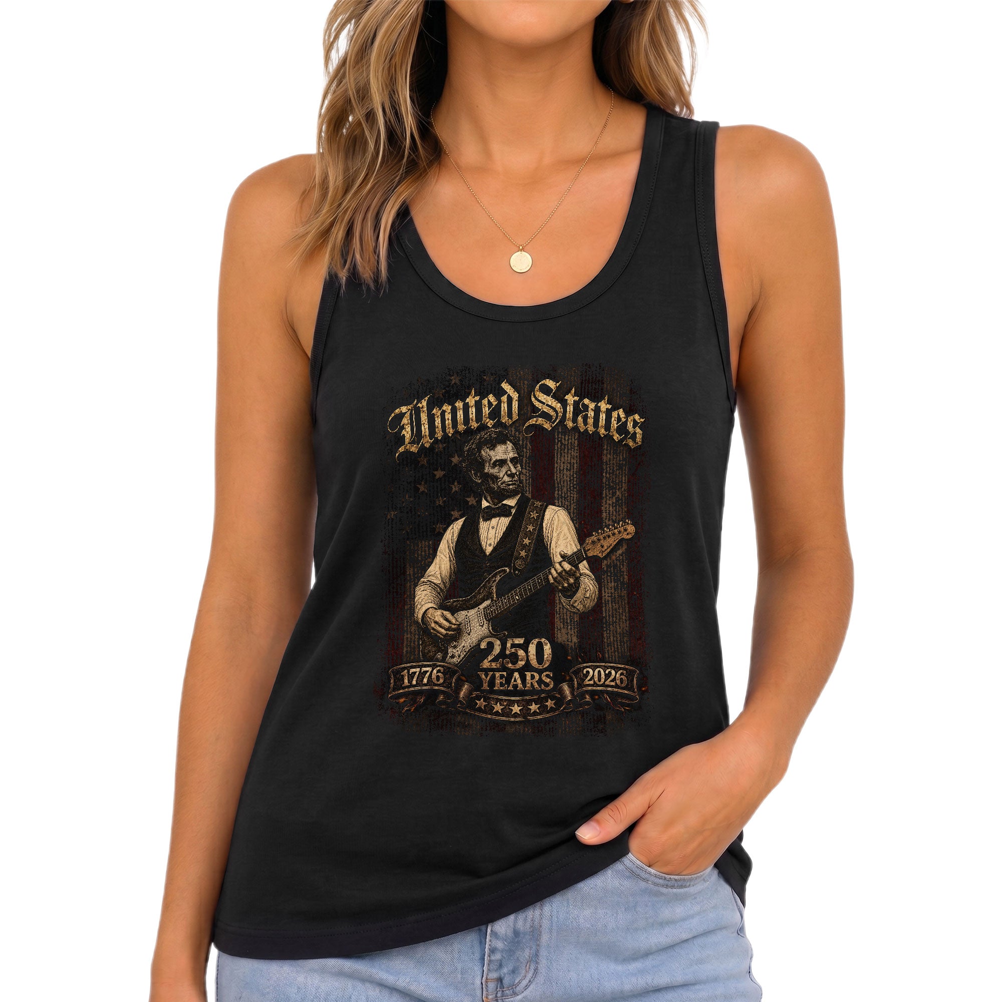 Women Tank Top Abraham Lincoln Guitar 1776-2026 America 250 Years Patriotic Vintage Tee