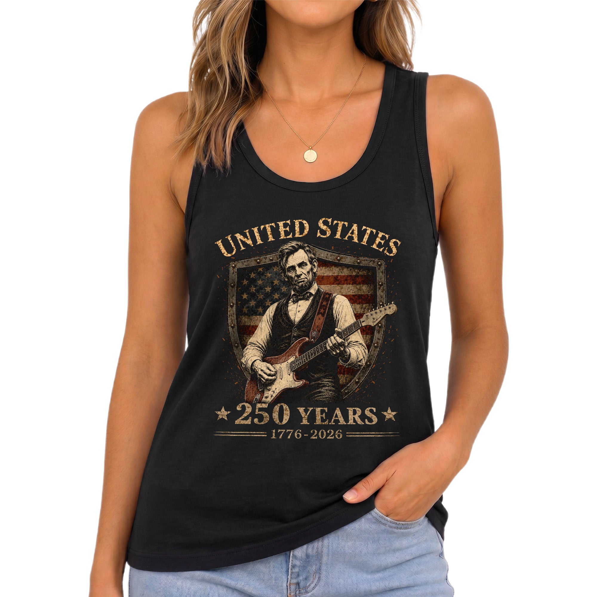 Tank Top Women Abraham Lincoln Guitar Shield 1776-2026 America 250 Years Patriotic Summer Top