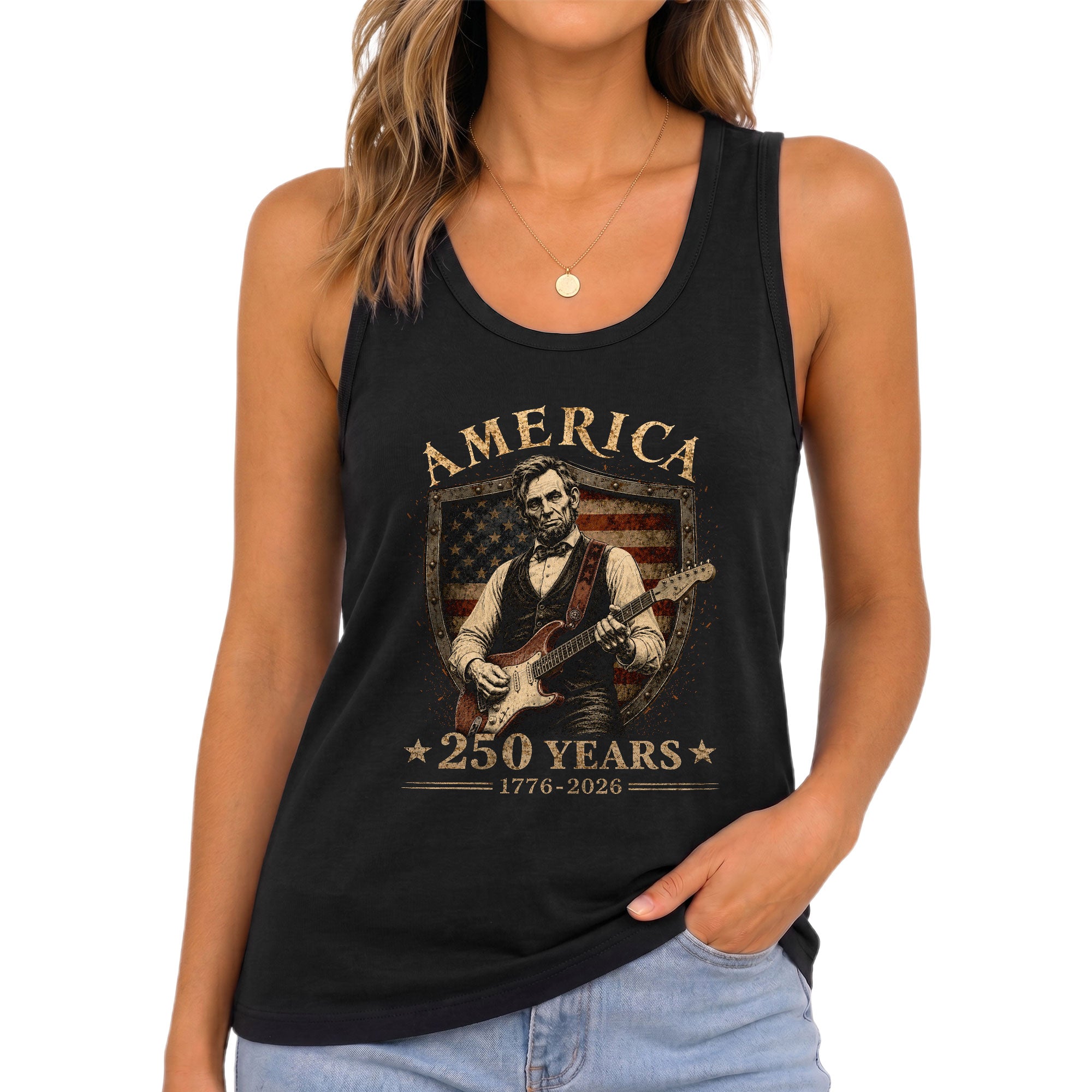Tank Top Women Abraham Lincoln Guitar Shield 1776-2026 America 250 Years Patriotic Summer Top