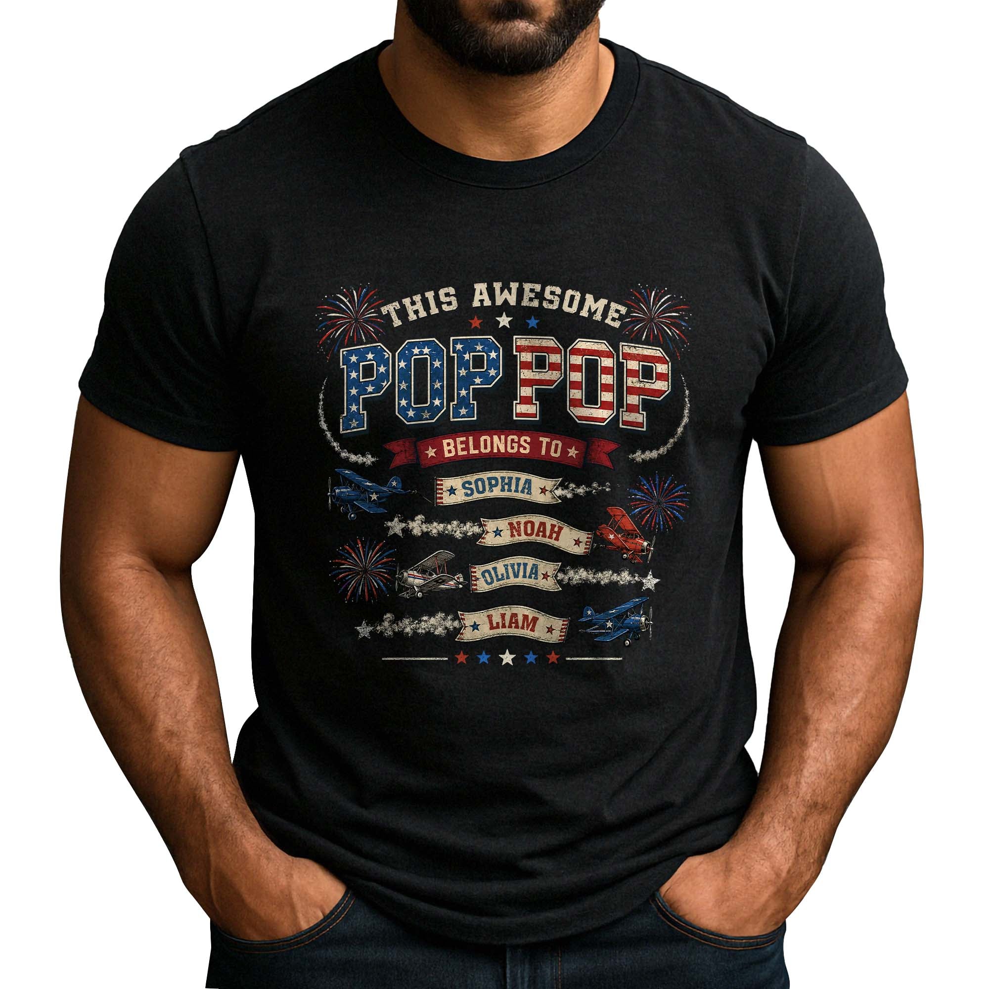 Retro Biplane Graphic Tee Custom Names Personalized Title All Ages Matching Shirt