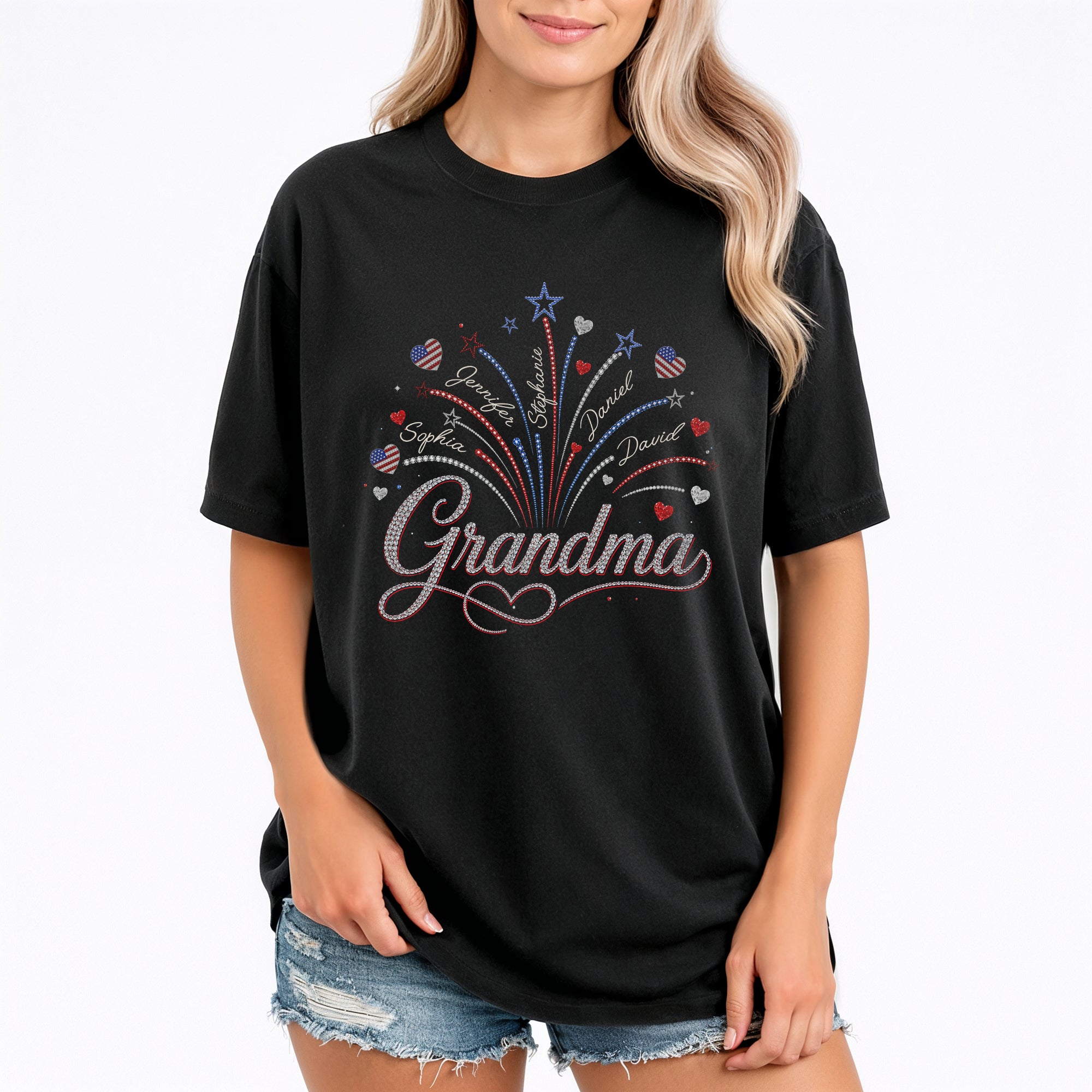 Heart Fireworks Holiday Shirts Custom Kids Names Personalized Title All Ages Apparel