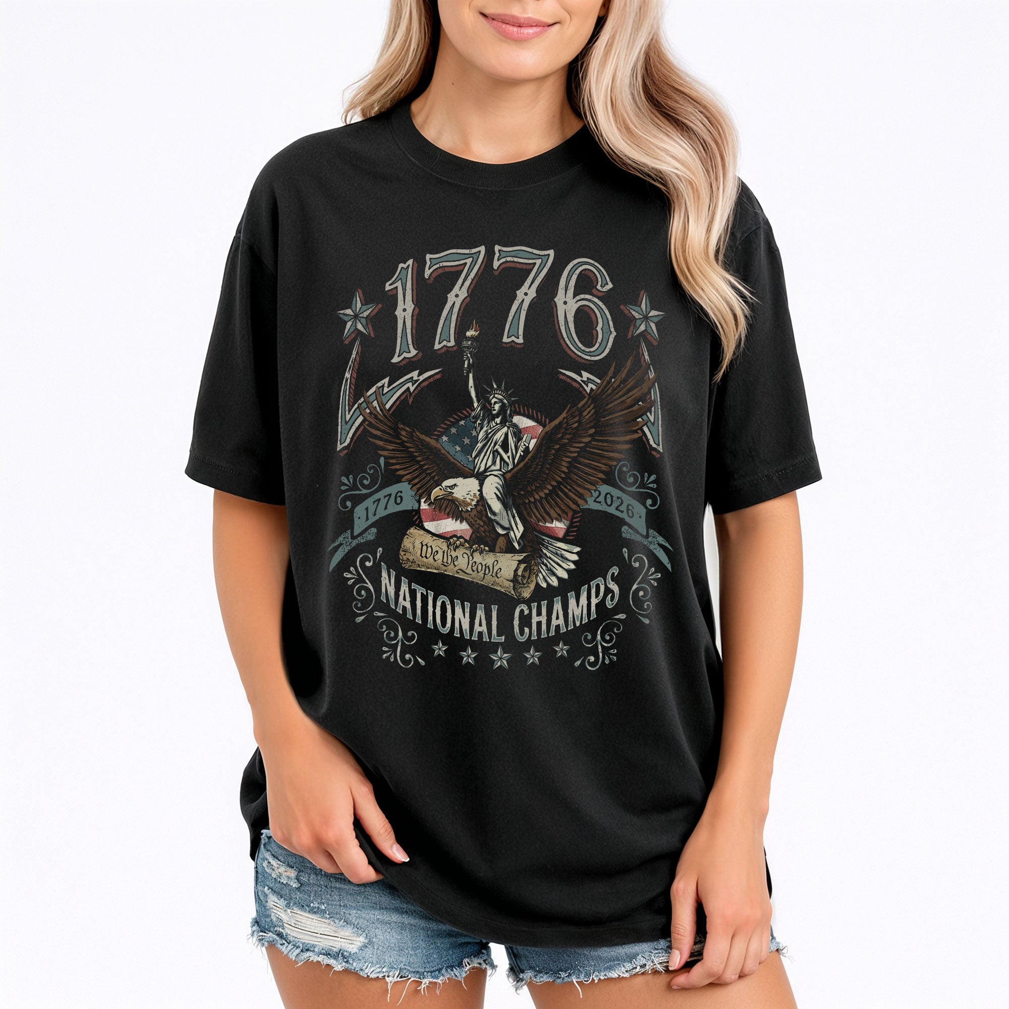 1776 National Champs Shirt Vintage Patriotic Eagle Graphic Tee 4th of July Comfort T-Shirt