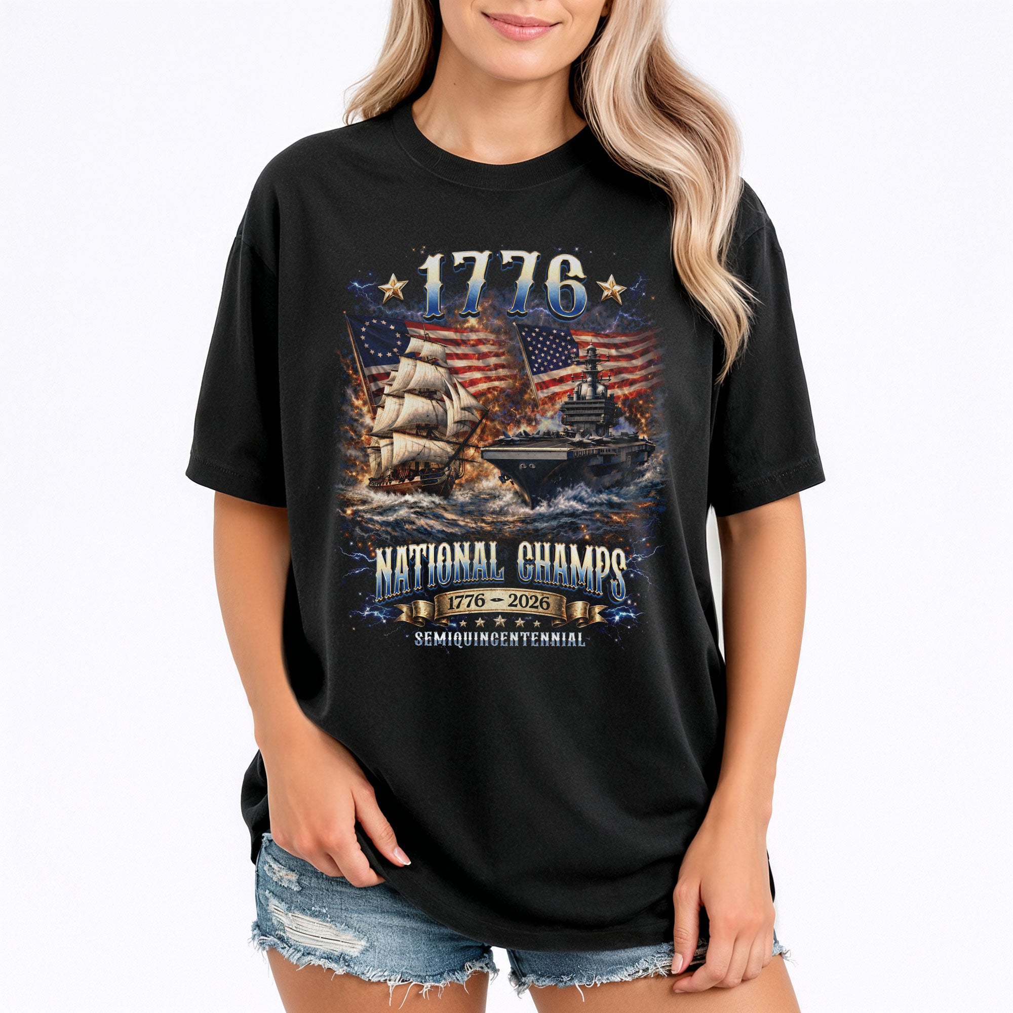 1776 National Champs Shirt Vintage Navy Battleship Graphic Tee Patriotic 1776-2026 T-Shirt