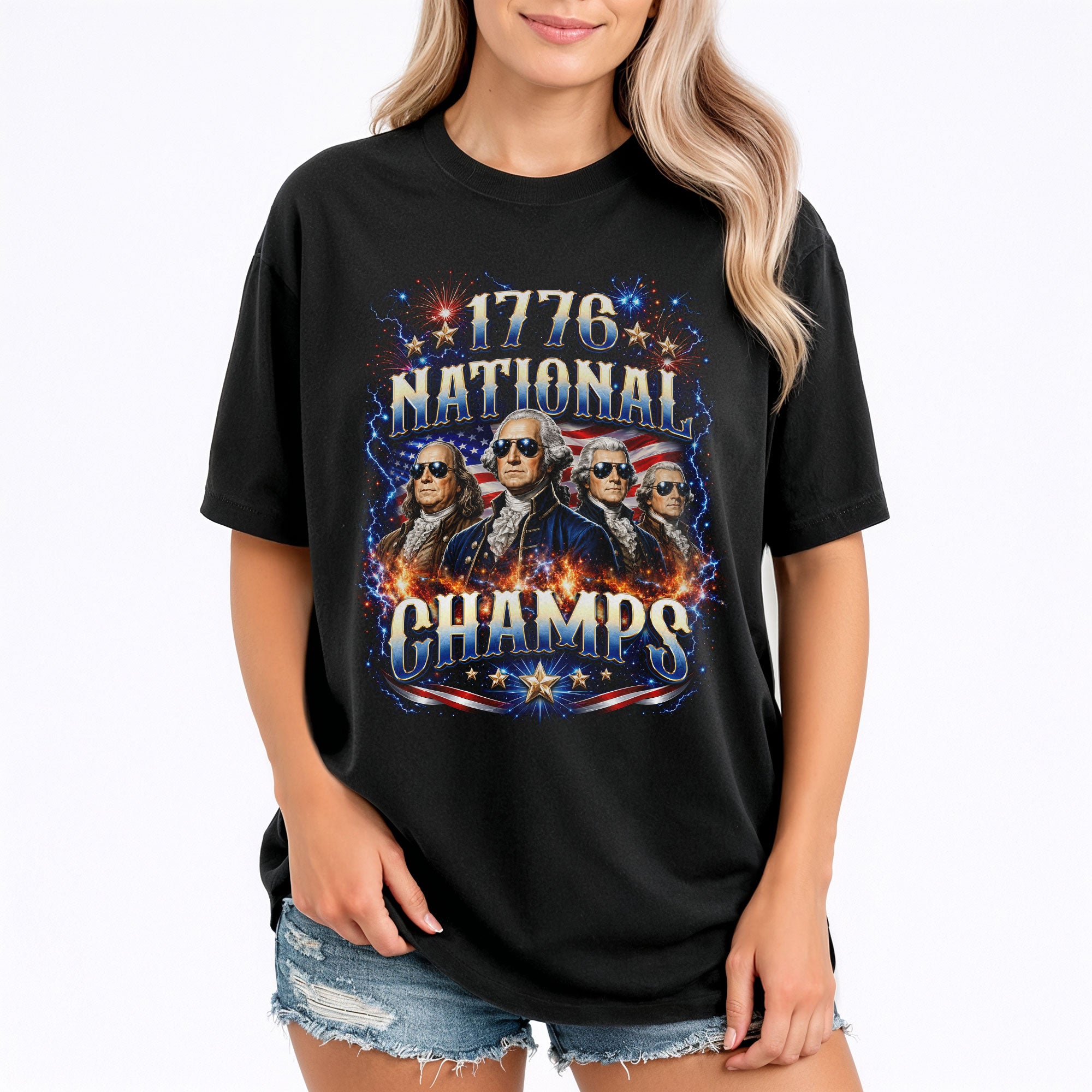 Classic 1776 National Champs Patriotic Graphic T Shirt Vintage Style Cotton Tee Top