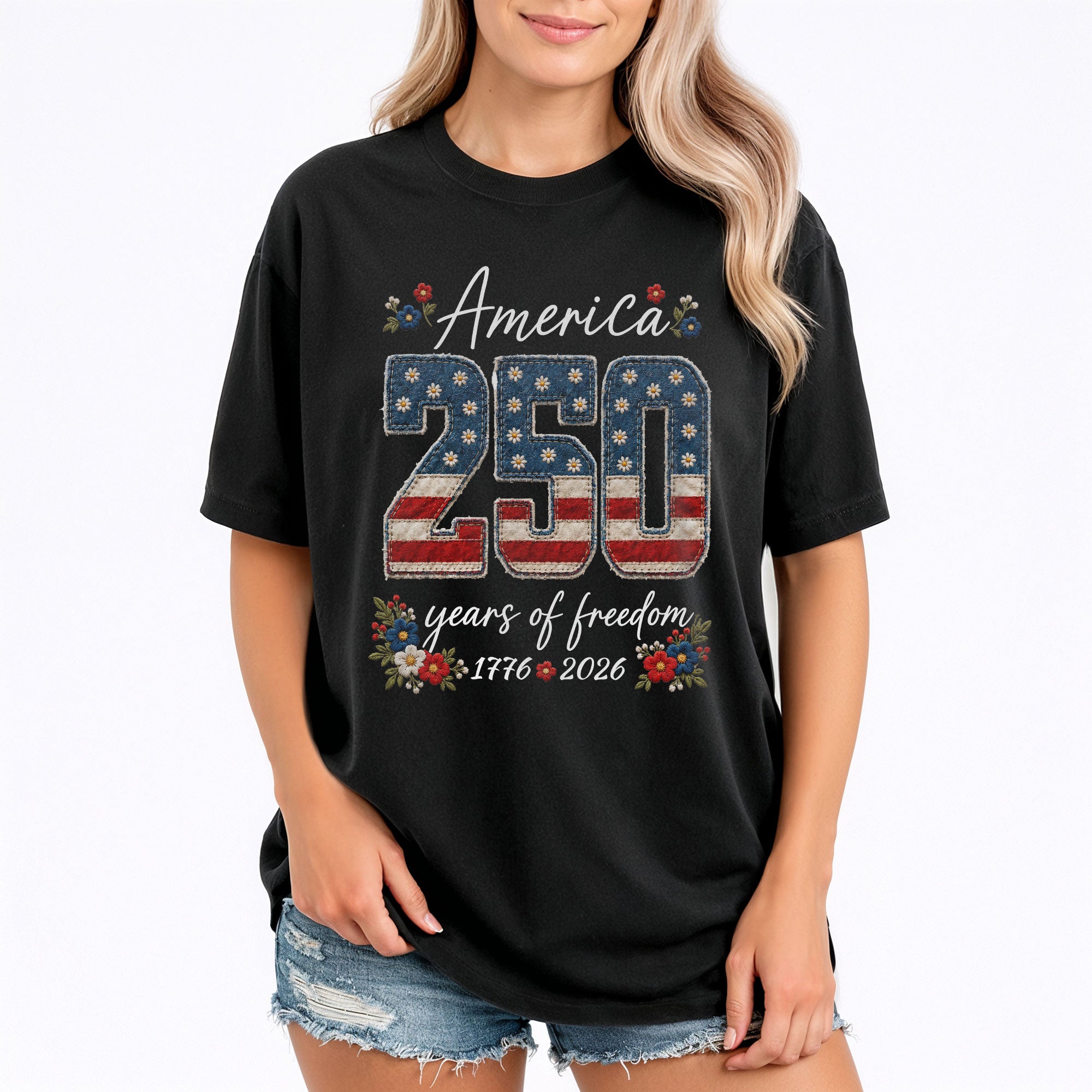 America 250 Years of Freedom T-Shirt Patriotic Black Graphic Tee 1776-2026 Women Shirt