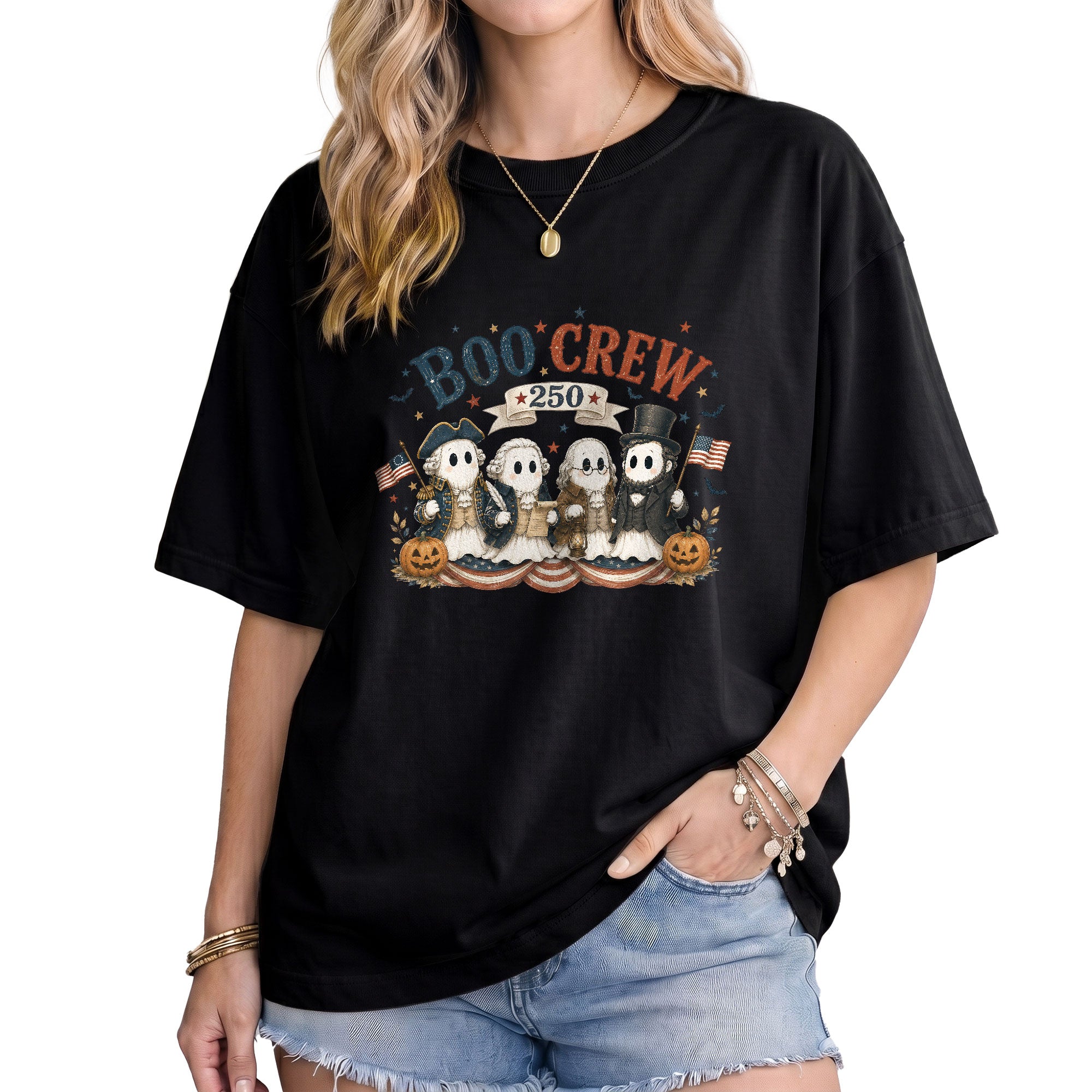 Boo Crew Halloween Shirt Patriotic Founding Fathers Ghosts US Flag Historical Tee