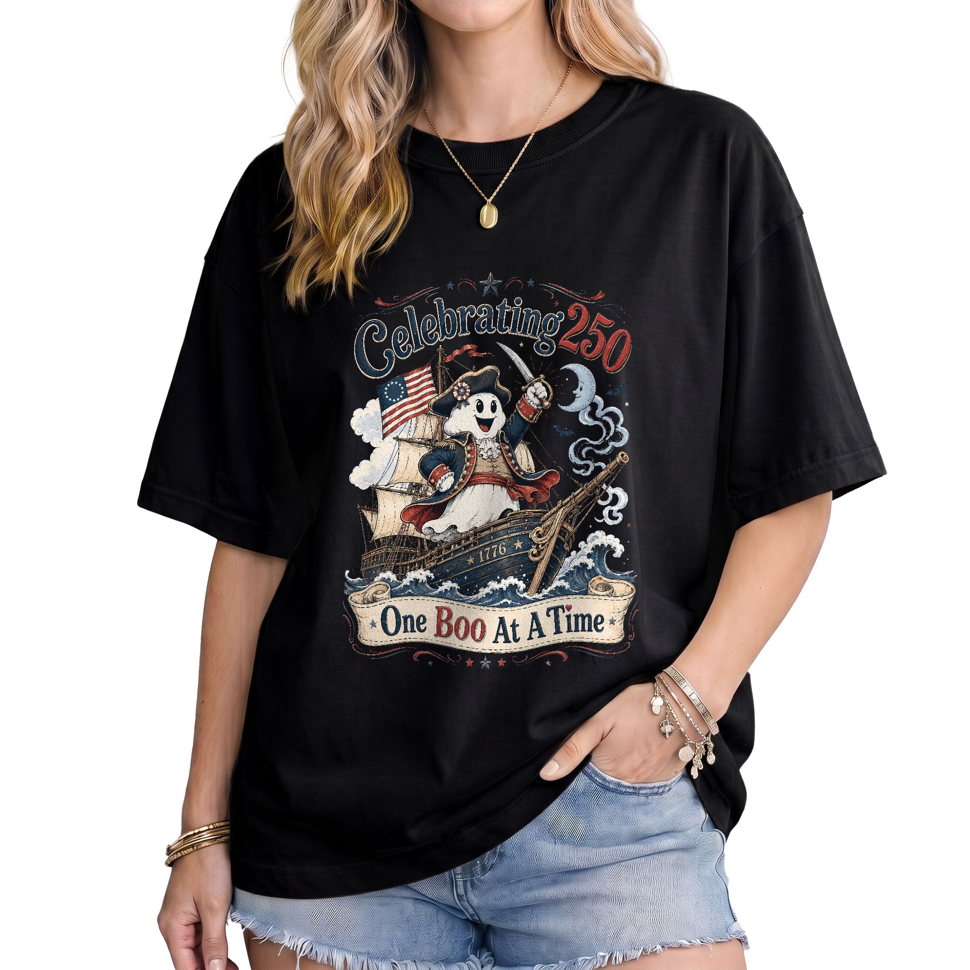 One Boo At A Time Shirt Celebrating 250 Ghost Captain Ship Patriotic Halloween Tee