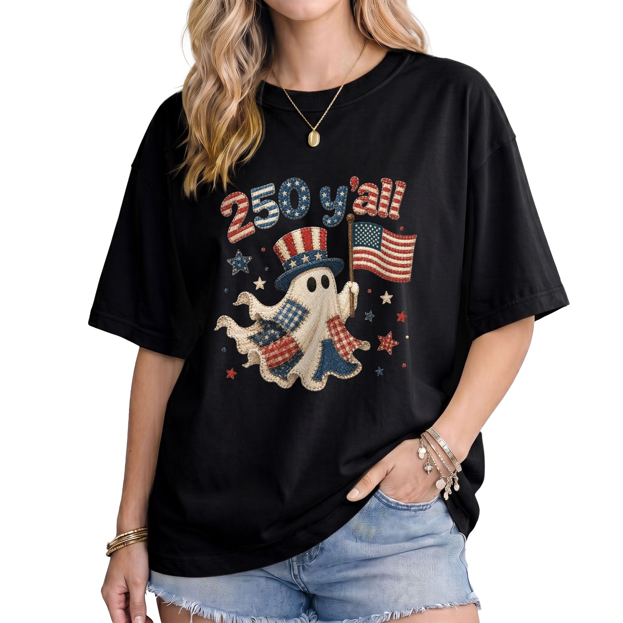 250 Y'all Shirt Patriotic Halloween Ghost Uncle Sam Hat American Flag Graphic Tee