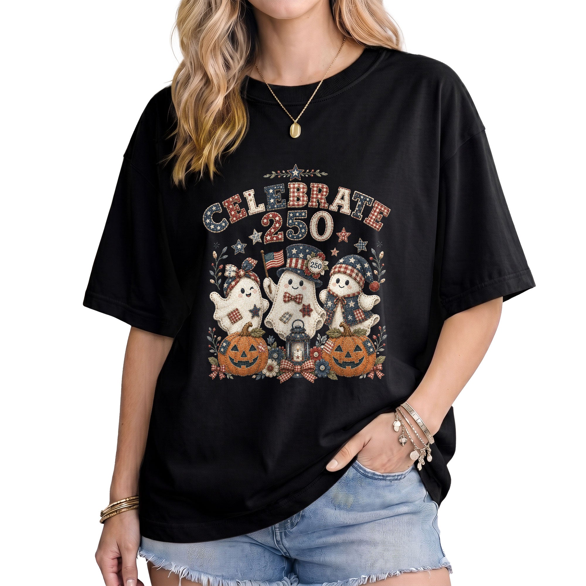 Celebrate 250 Shirt Patriotic Halloween Ghosts Pumpkin Jack O Lantern Graphic Tee