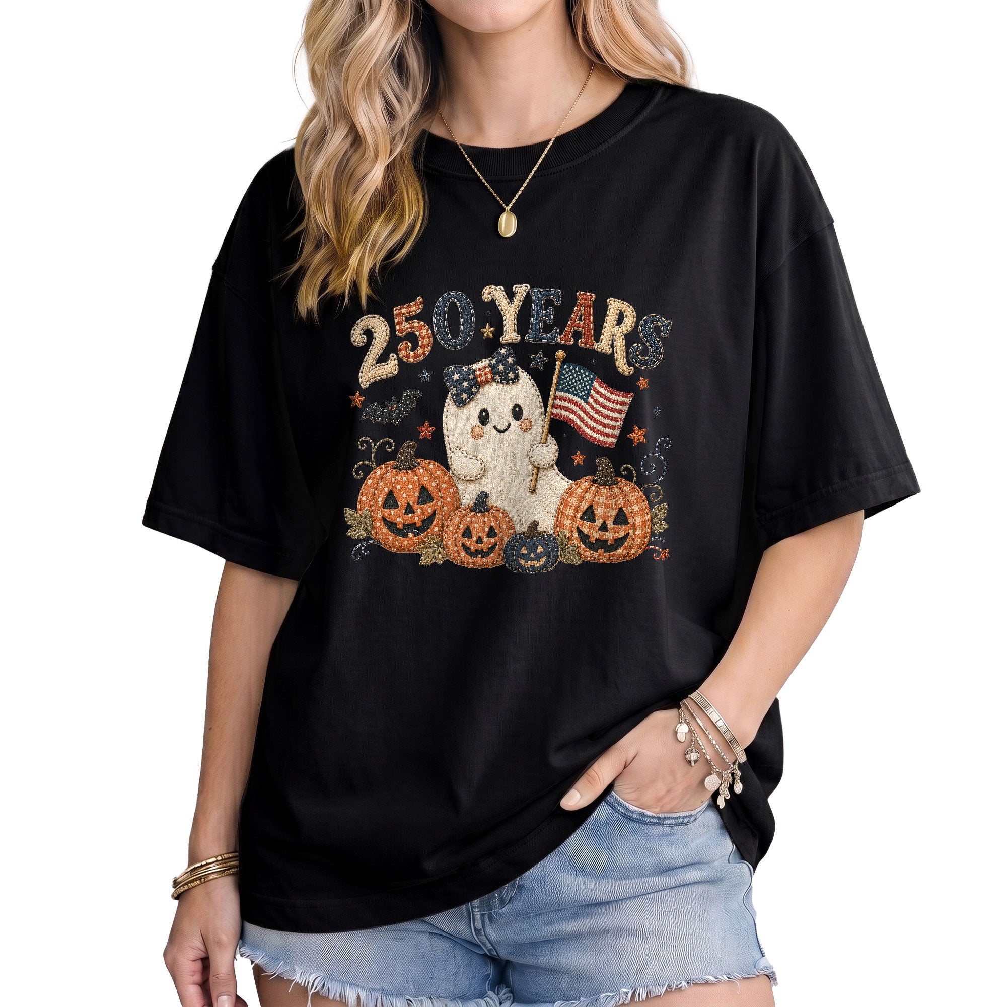 Patriotic Halloween Shirt Patchwork Ghost American Flag Pumpkin Graphic Tee