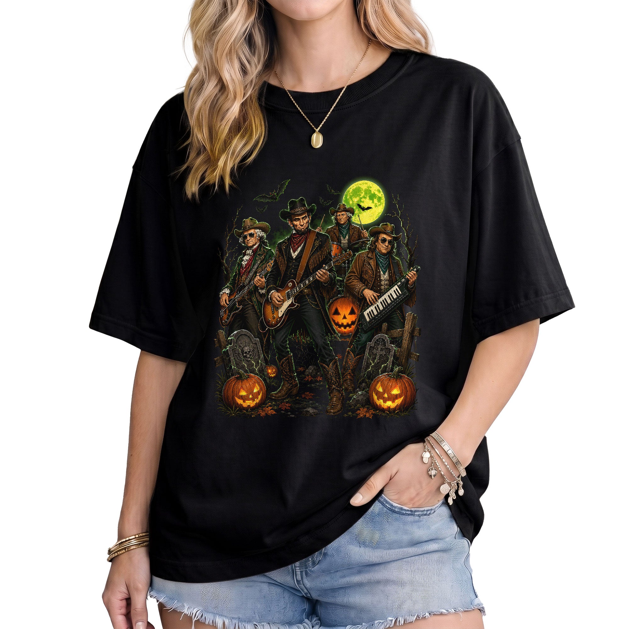 Lincoln Playing Guitar Halloween Shirt Funny Presidents Rock Band Spooky Graphic Tee