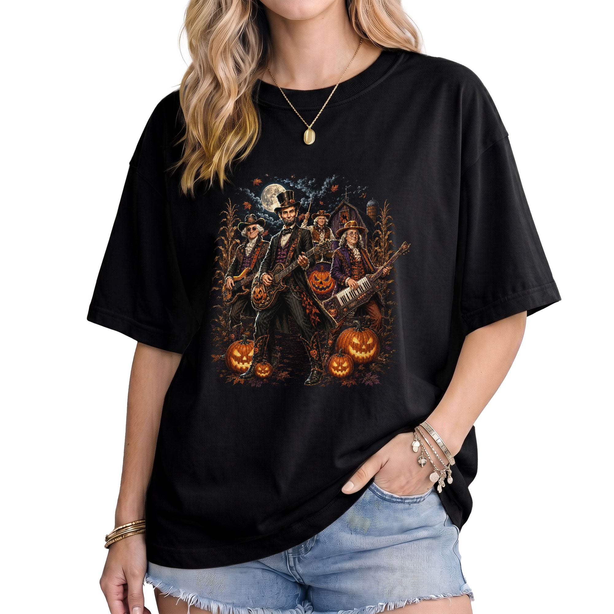 Lincoln Playing Guitar Halloween Shirt Midnight Cemetery Rock Band Vintage Tee