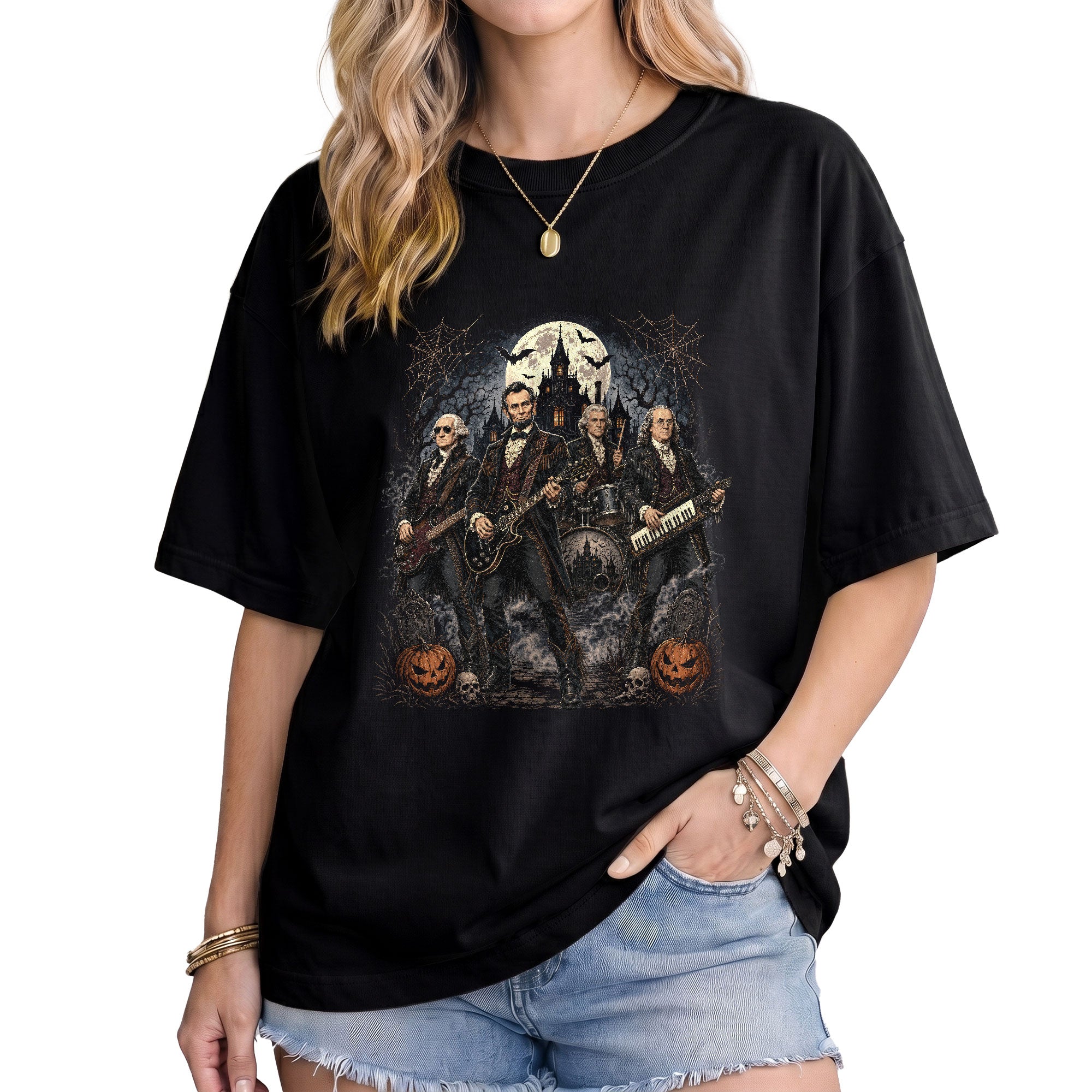 Lincoln Playing Guitar Halloween Shirt Spooky Haunted Mansion Presidential Rock Band Tee