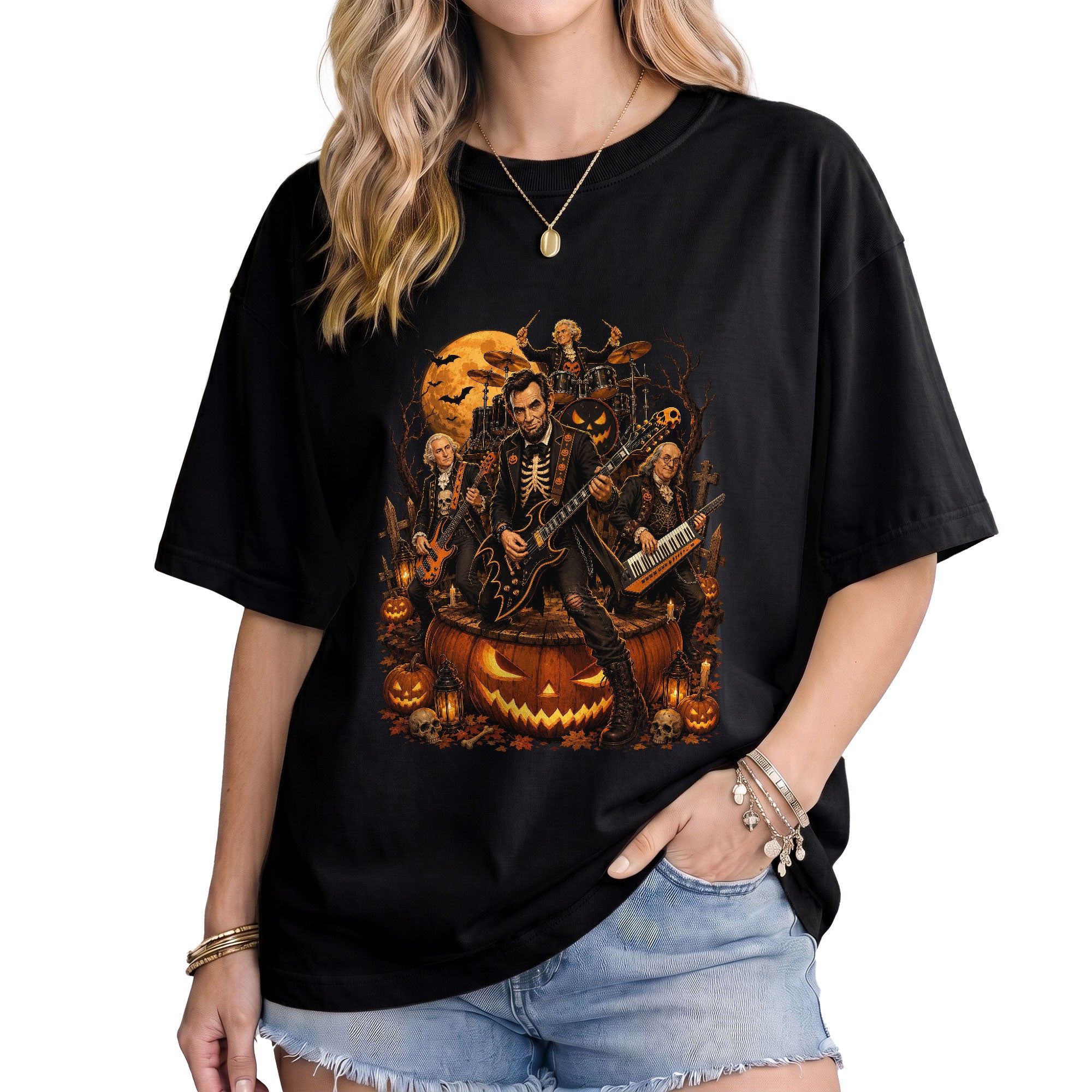 Lincoln Playing Guitar Halloween Shirt Giant Jack O Lantern Stage Skeleton Rock Band Tee
