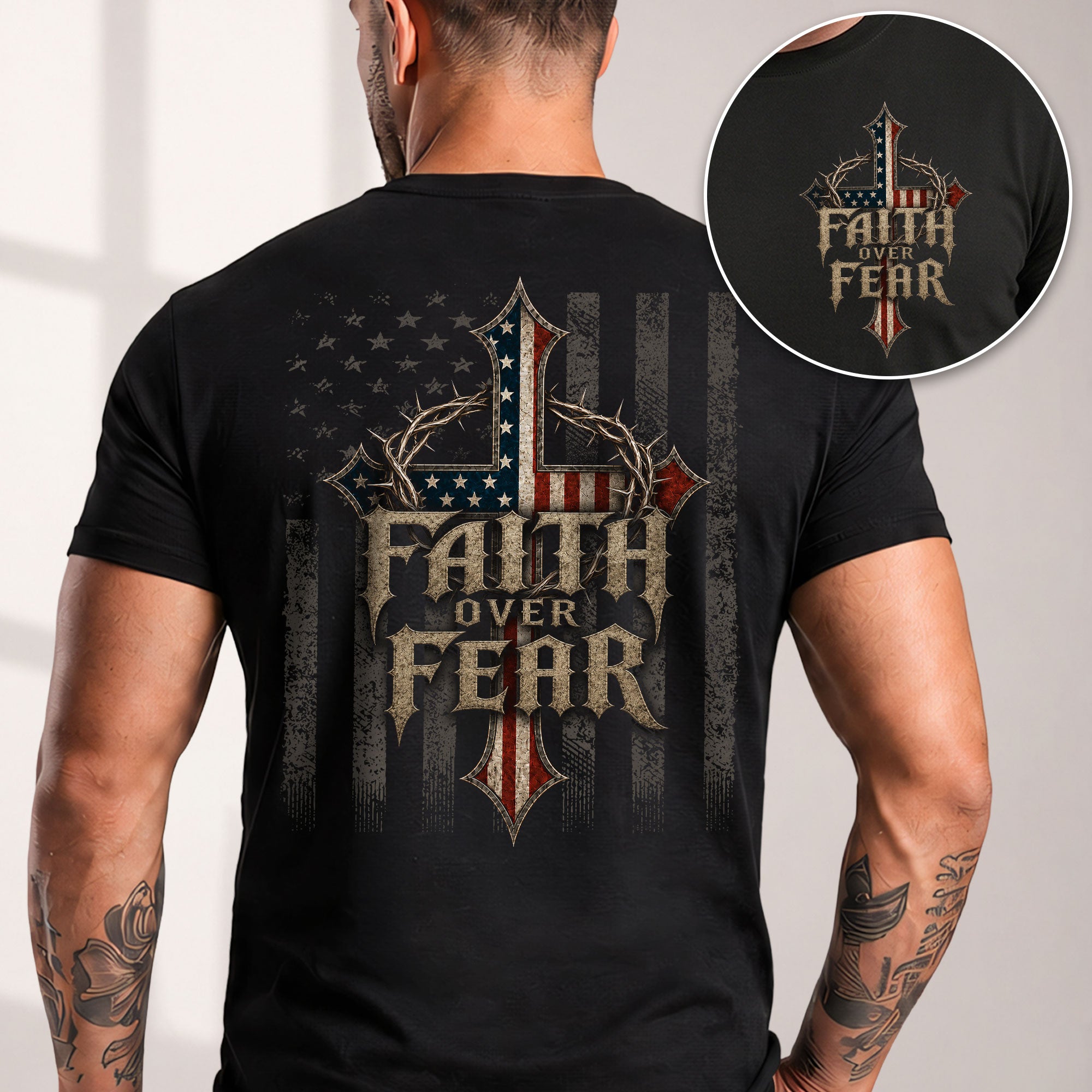 Faith Over Fear Christian Shirt Patriotic American Flag Cross T-Shirt Religious Men - Rust Field Wear