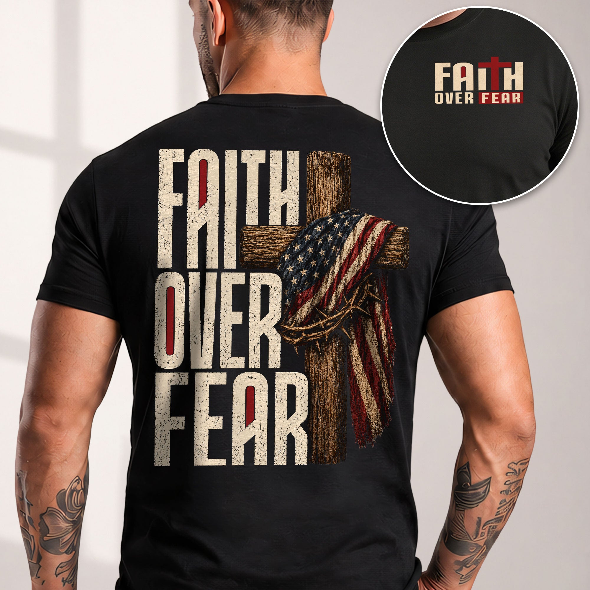 Faith Over Fear Christian Shirt Patriotic Cross American Flag Religious Graphic Tee - Rust Field Wear